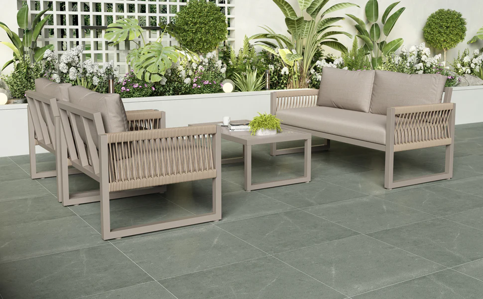 Garden Lounge Set 4-Piece Rope Furniture with Glass Top, Khaki Rope/Iron Frame - Image 9