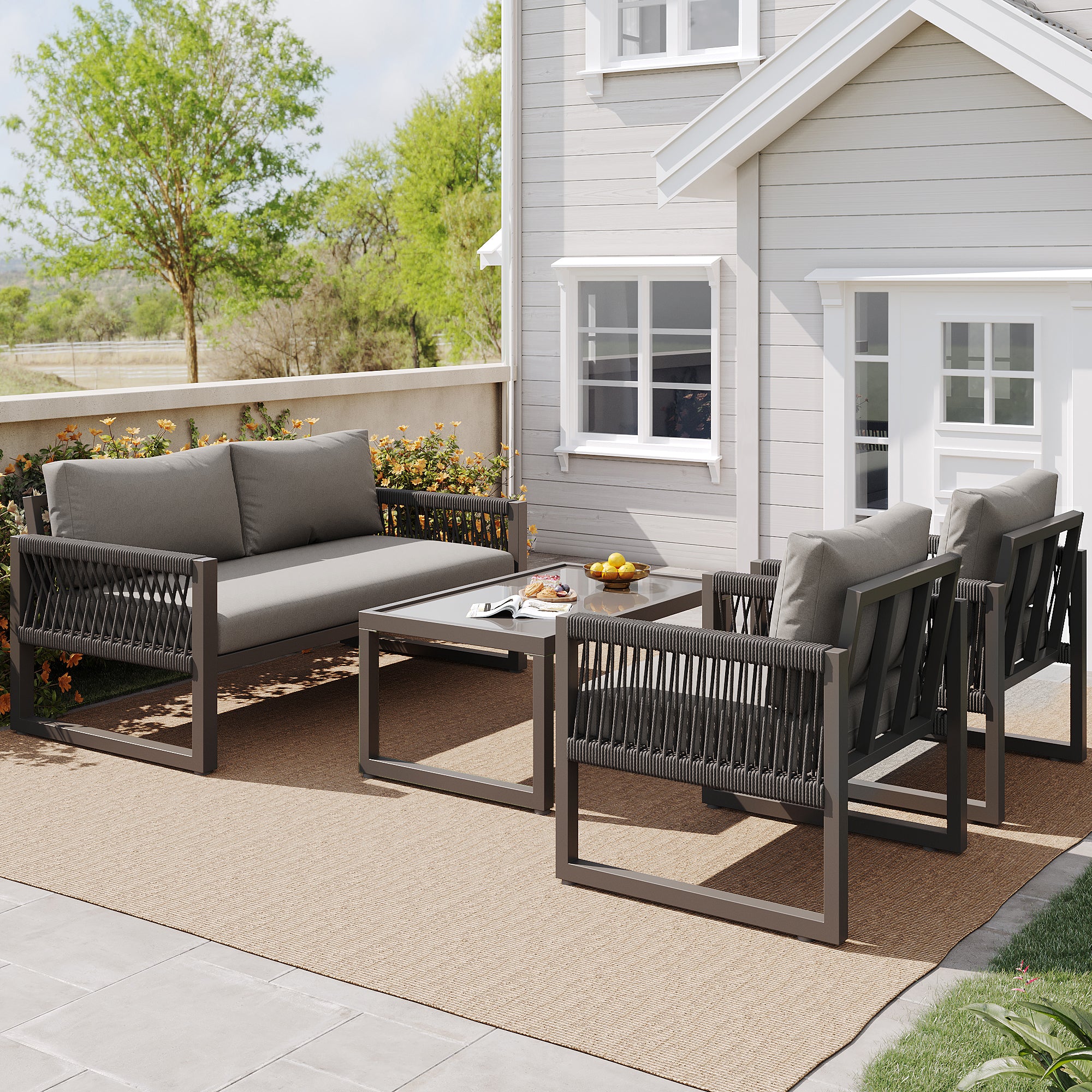 Garden Lounge Set 4-Piece Rope Glass Top - Grey - Image 2