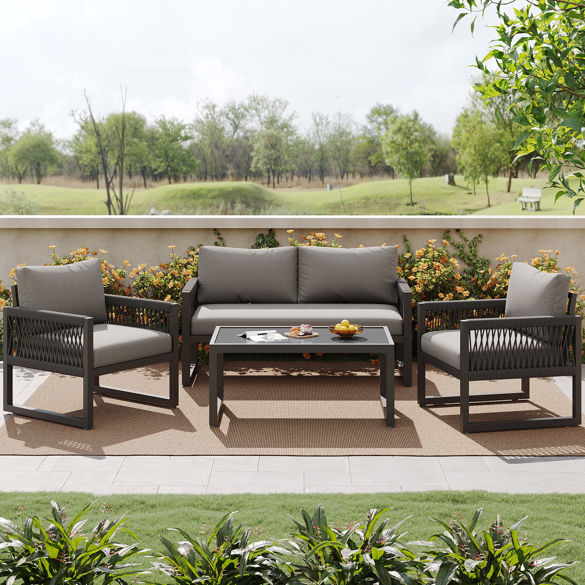 Garden Lounge Set 4-Piece Rope Glass Top - Grey - Image 3