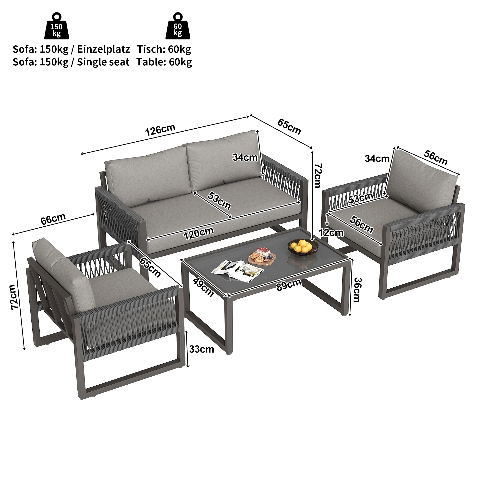 Garden Lounge Set 4-Piece Rope Glass Top - Grey - Image 4