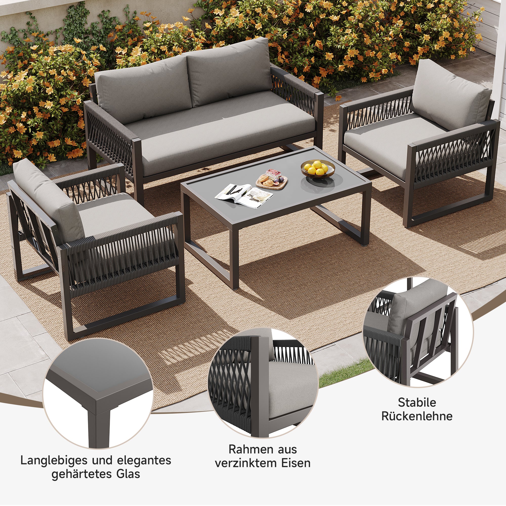 Garden Lounge Set 4-Piece Rope Glass Top - Grey - Image 7