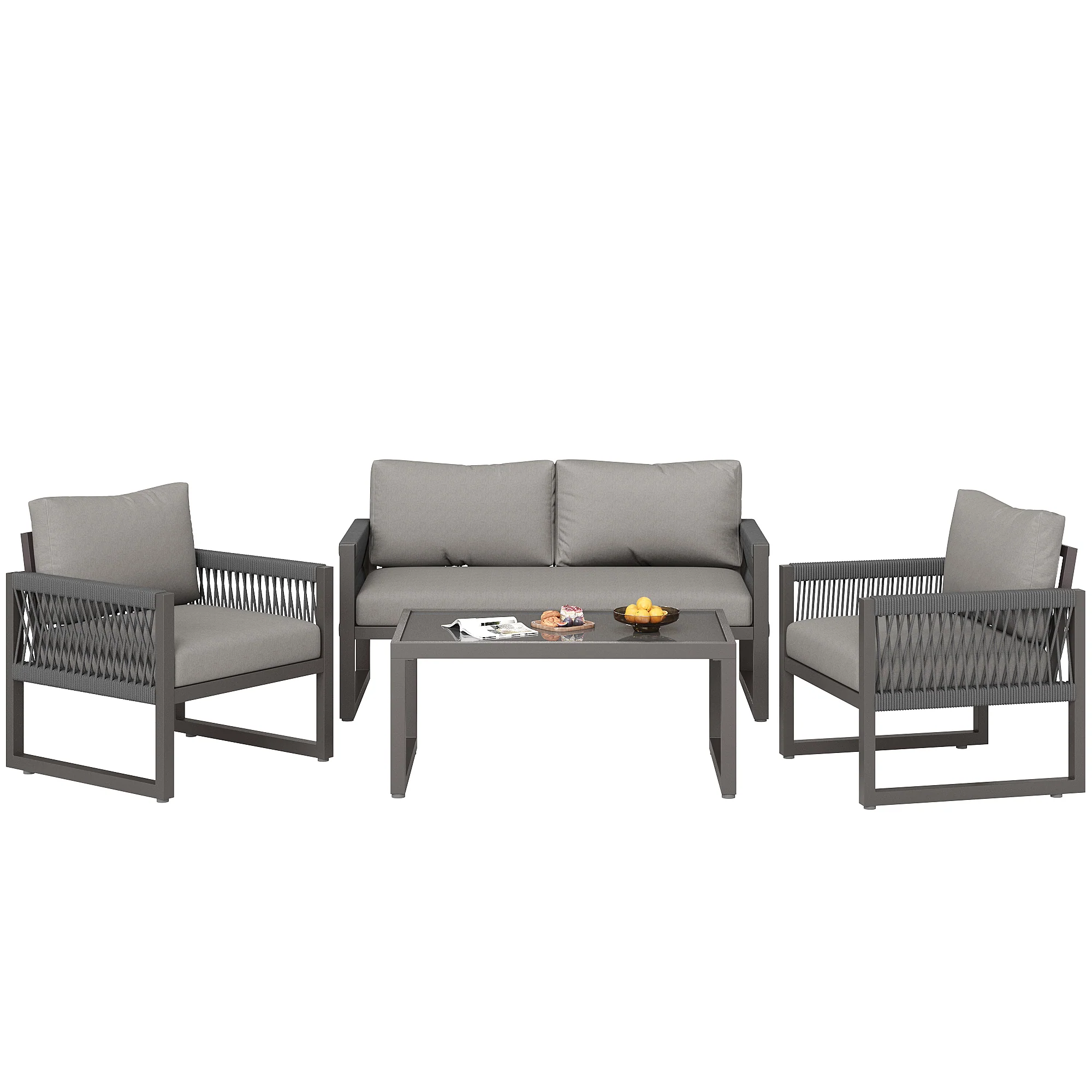 Garden Lounge Set 4-Piece Rope Glass Top - Grey - Image 8