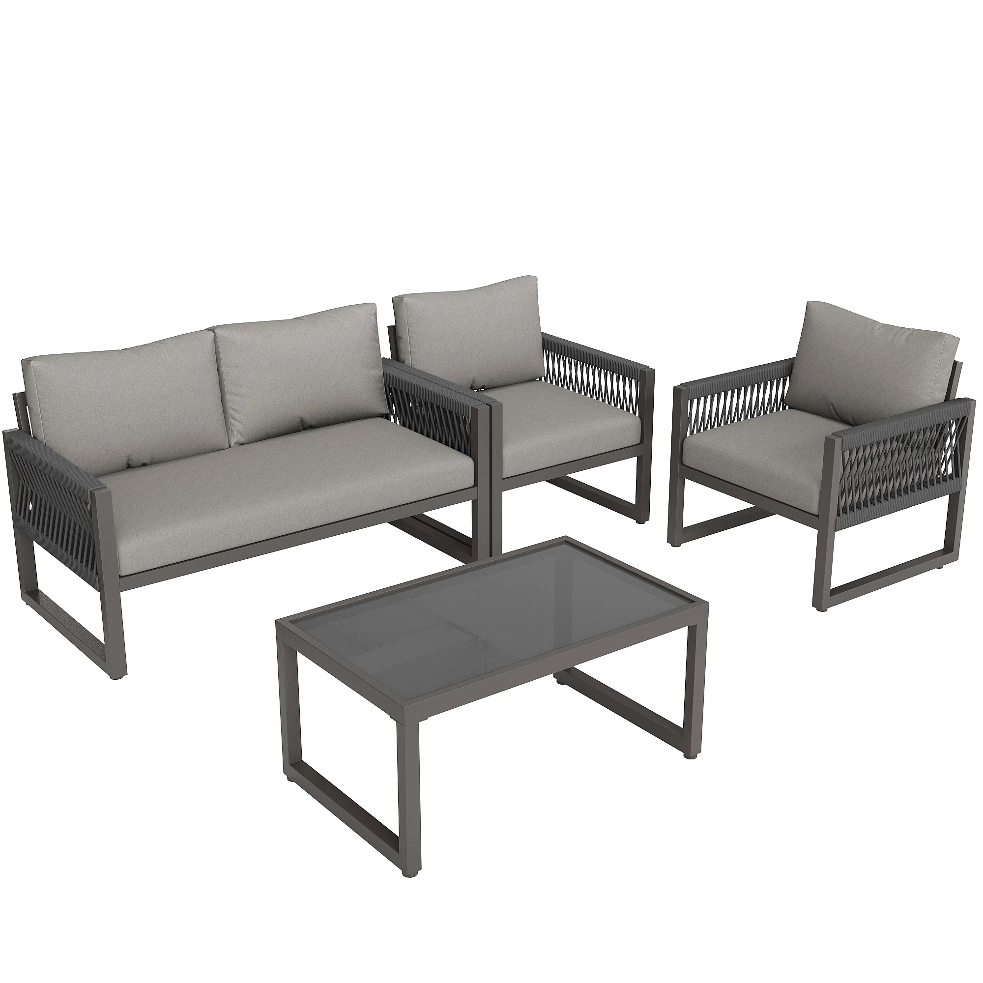Garden Lounge Set 4-Piece Rope Glass Top - Grey - Image 9