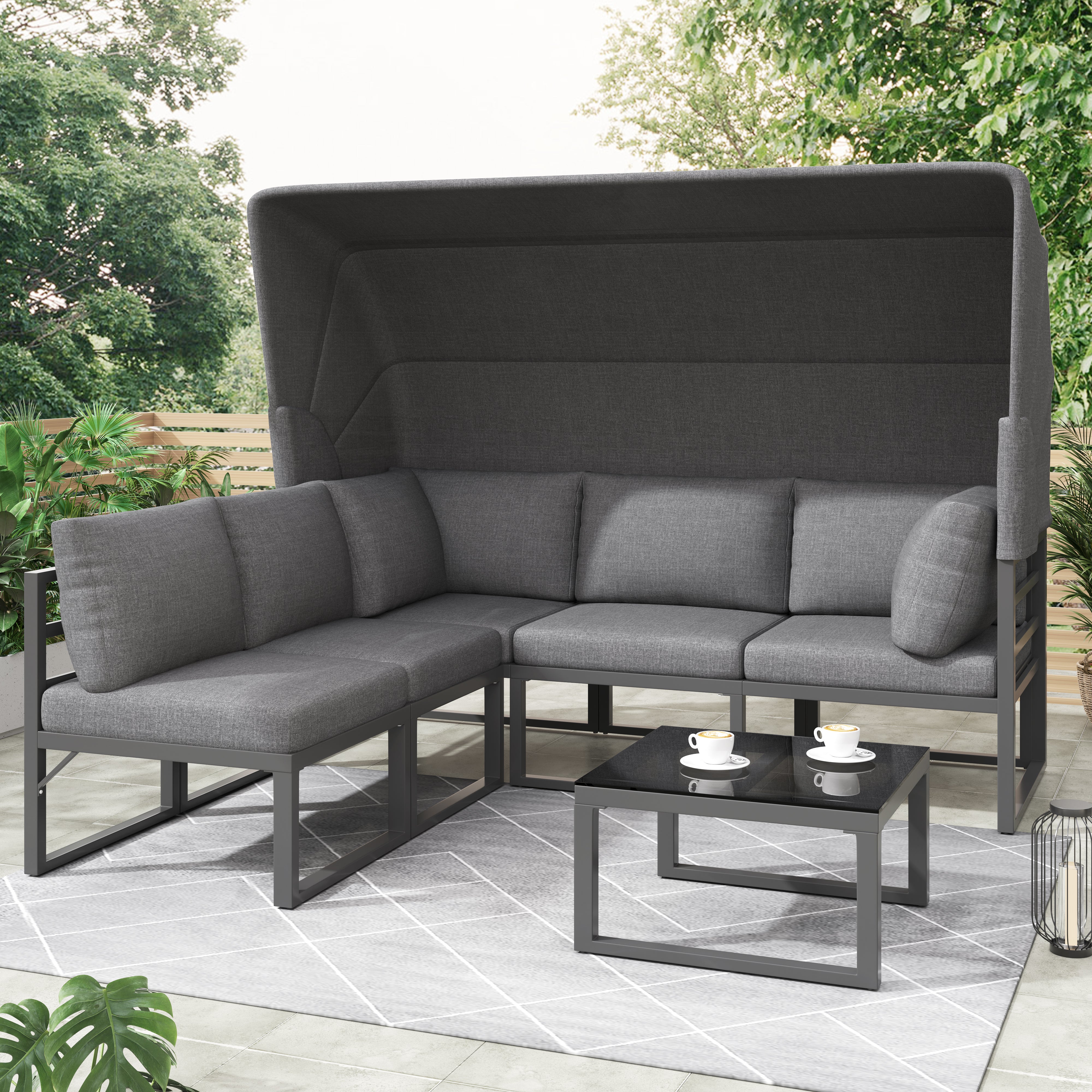 Garden Lounge Set 4-Piece with Awning Stool Table - Grey