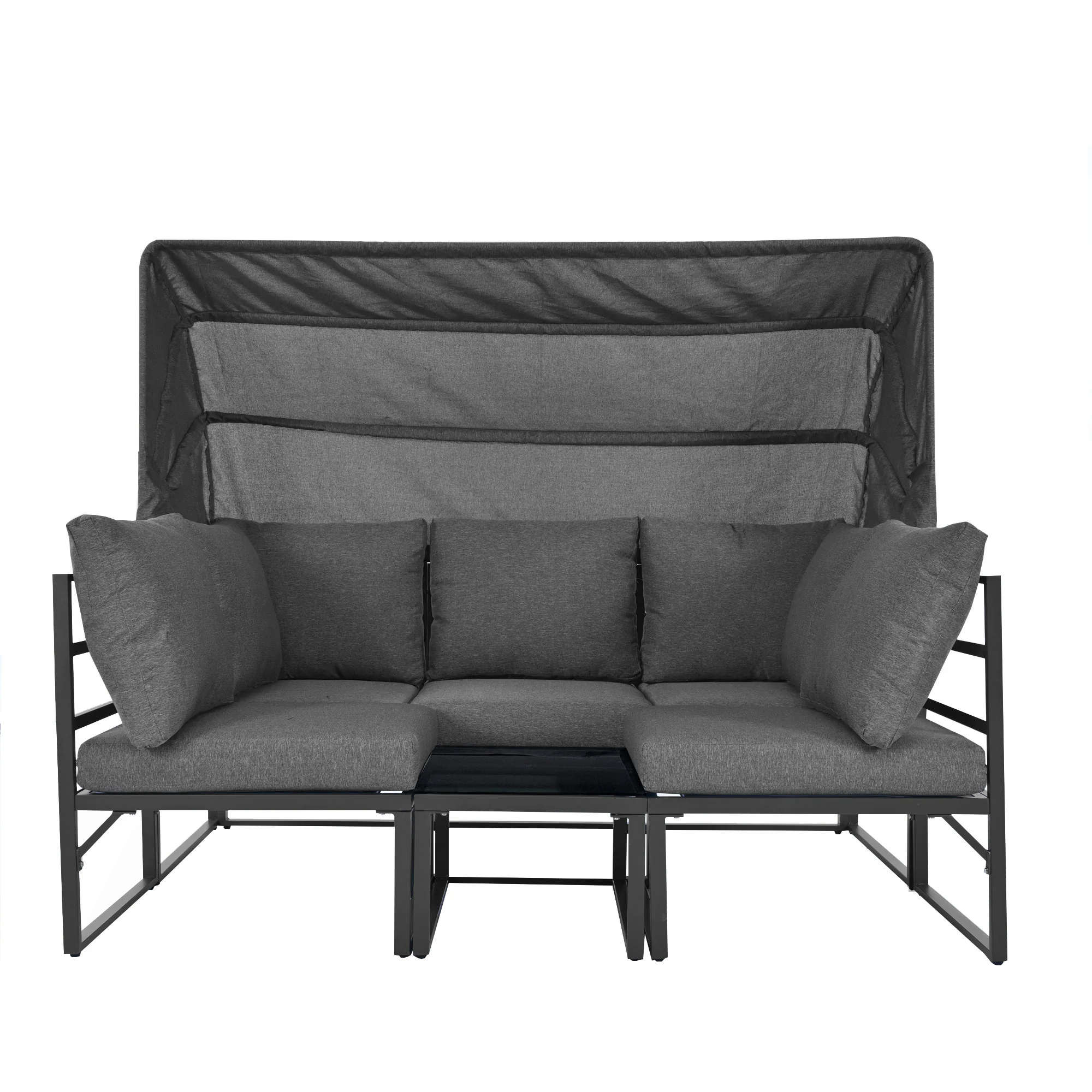 Garden Lounge Set 4-Piece with Awning Stool Table - Grey - Image 10