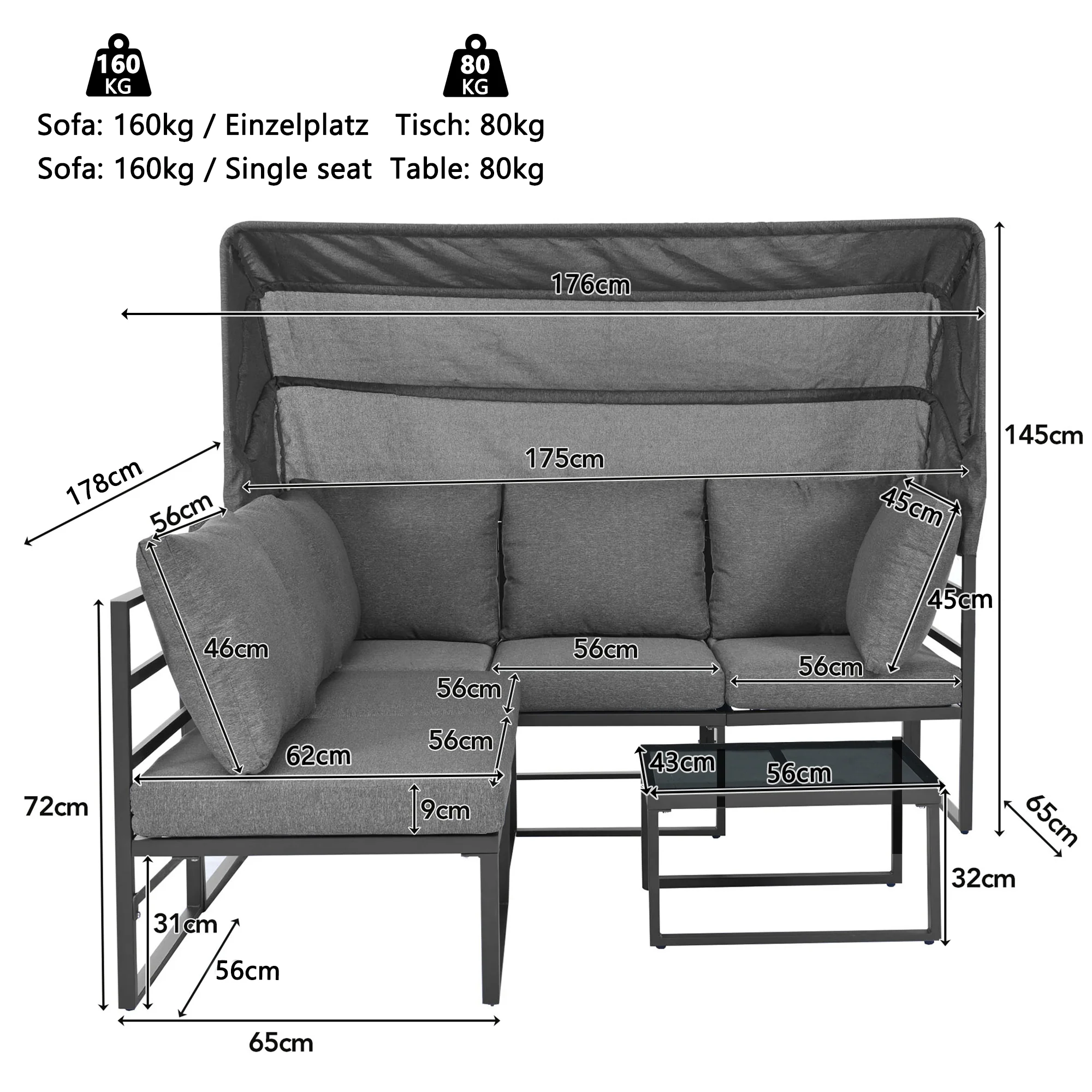 Garden Lounge Set 4-Piece with Awning Stool Table - Grey - Image 3