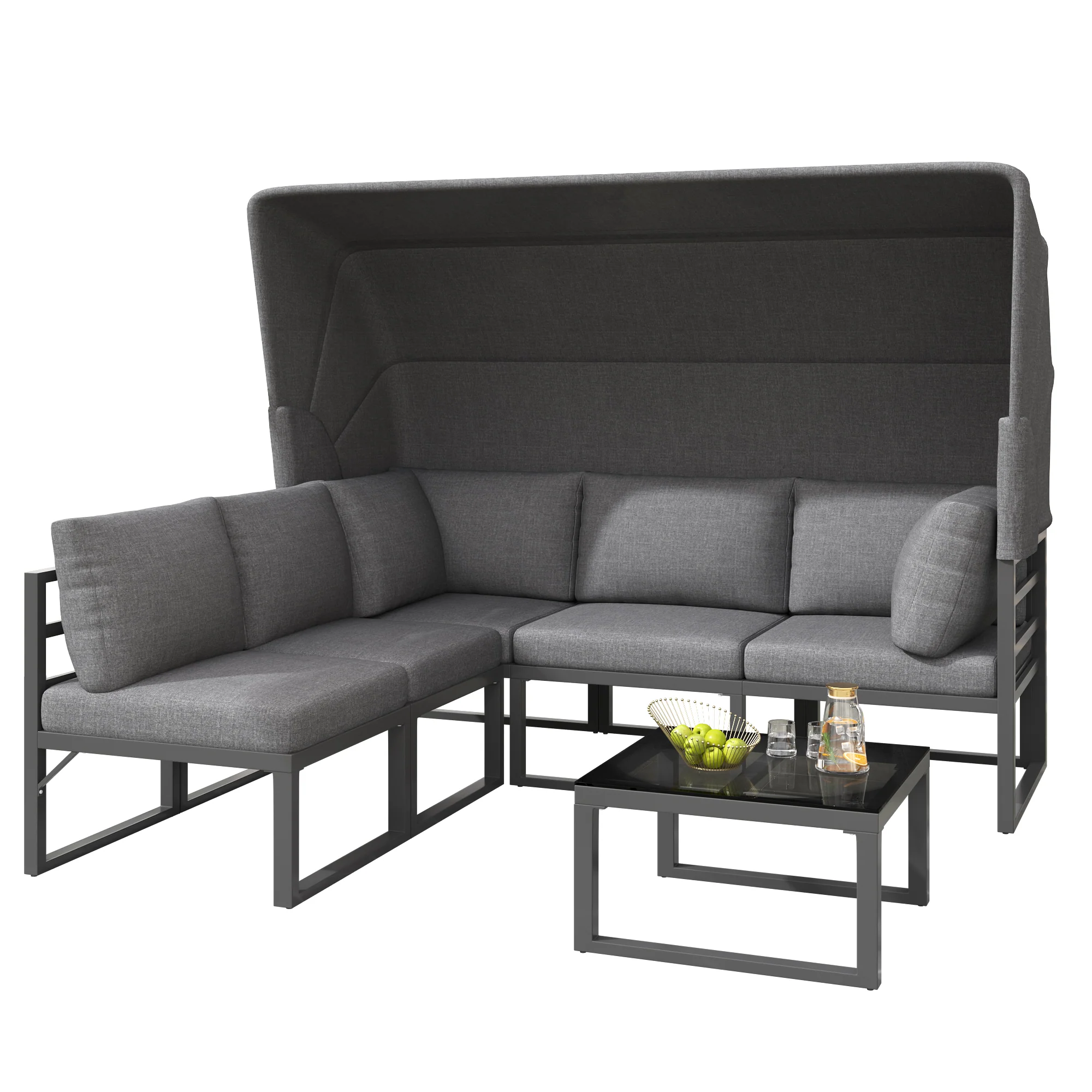 Garden Lounge Set 4-Piece with Awning Stool Table - Grey - Image 4
