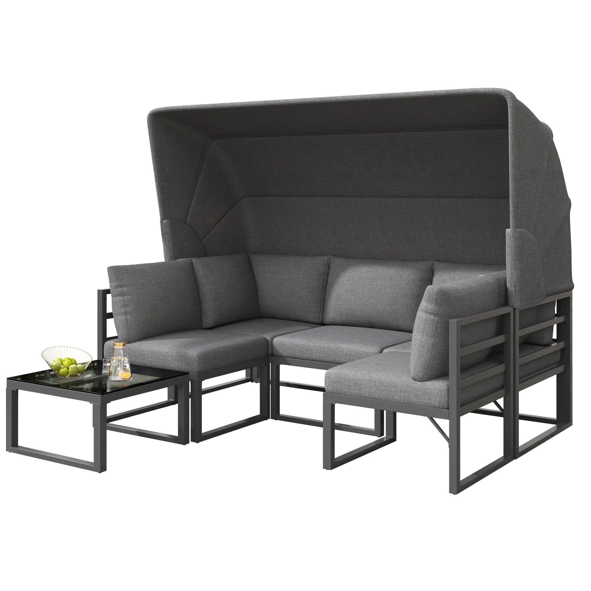 Garden Lounge Set 4-Piece with Awning Stool Table - Grey - Image 5