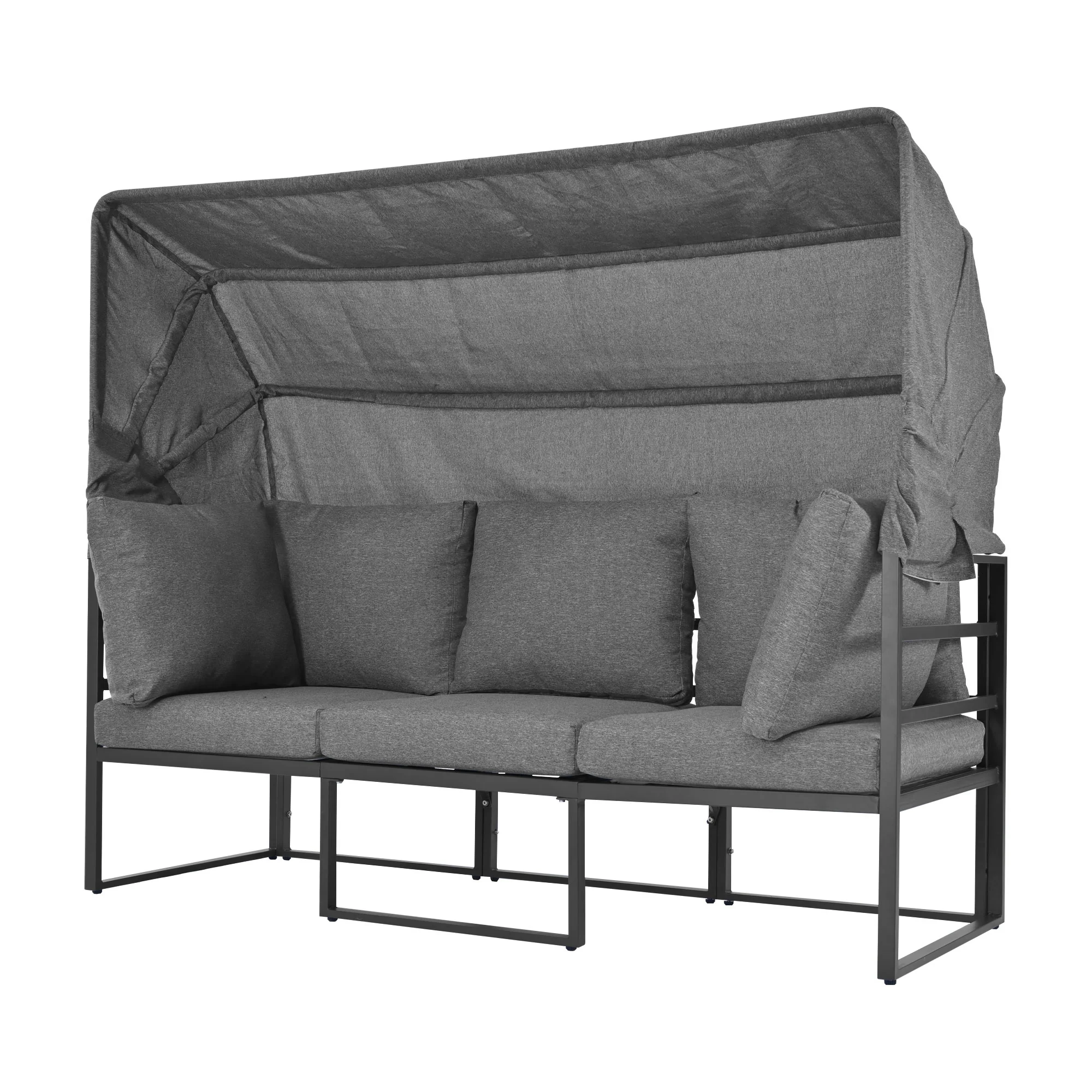 Garden Lounge Set 4-Piece with Awning Stool Table - Grey - Image 6