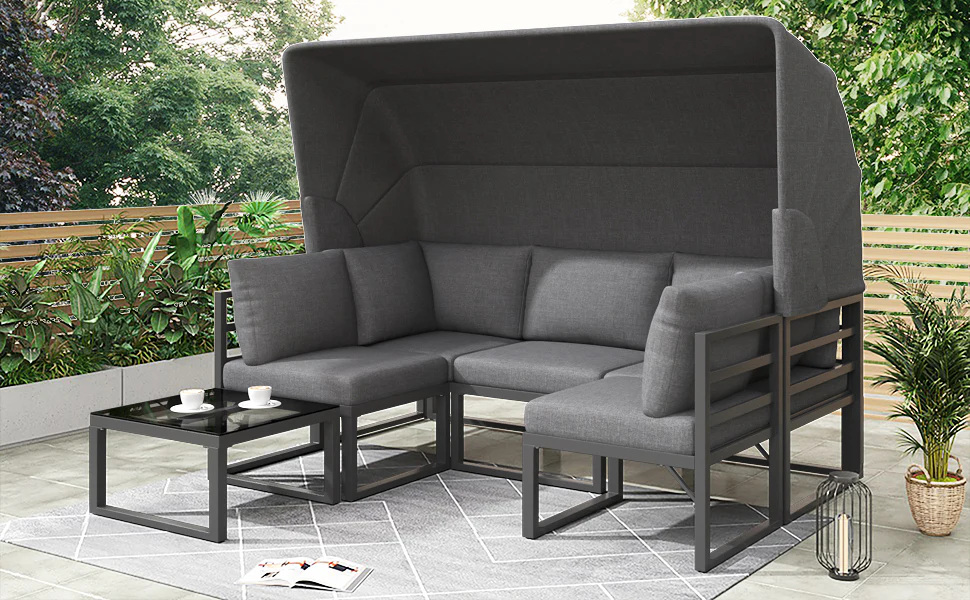 Garden Lounge Set 4-Piece with Awning Stool Table - Grey - Image 7