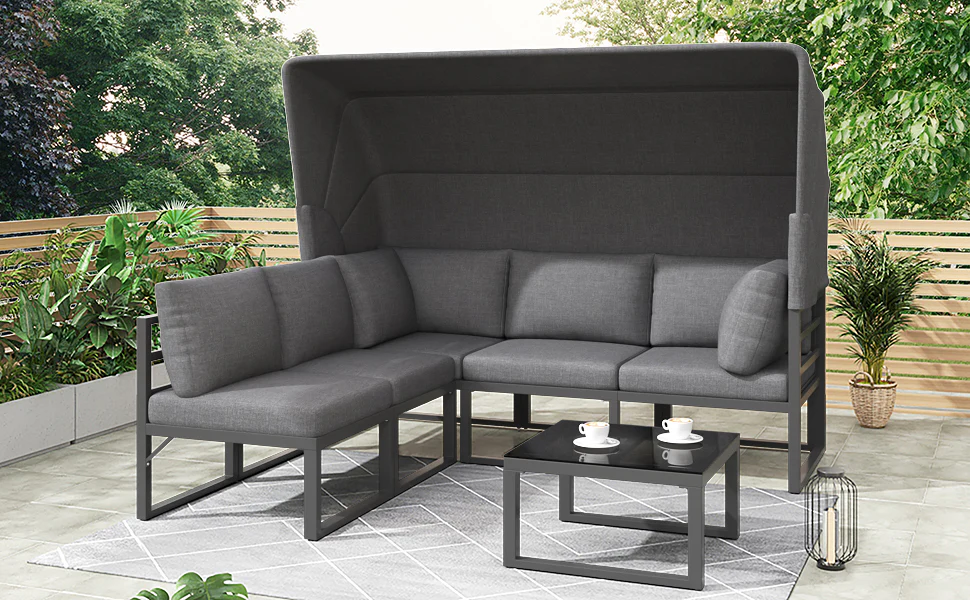 Garden Lounge Set 4-Piece with Awning Stool Table - Grey - Image 8