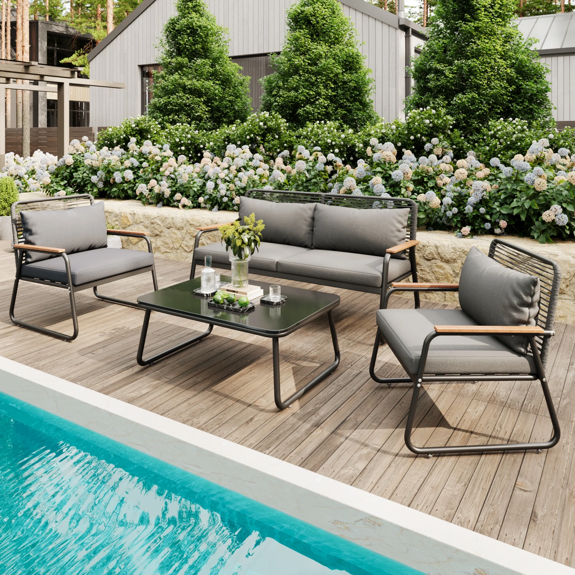 Garden Lounge Set 4-Seater Galvanized Iron Frame Tempered Glass - Grey