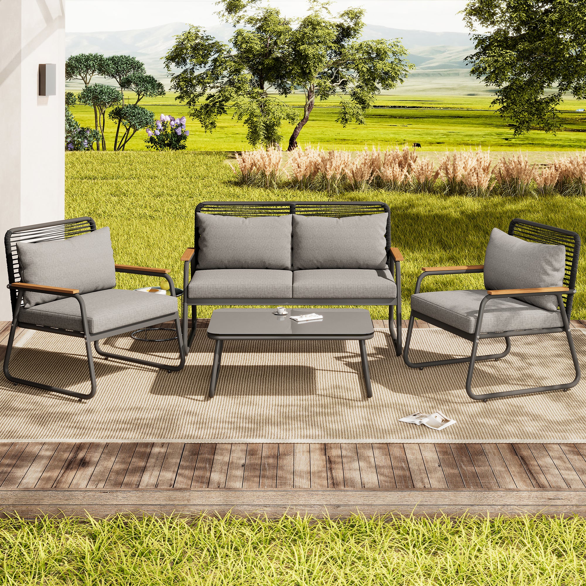 Garden Lounge Set 4-Seater Galvanized Iron Frame Tempered Glass - Grey - Image 2