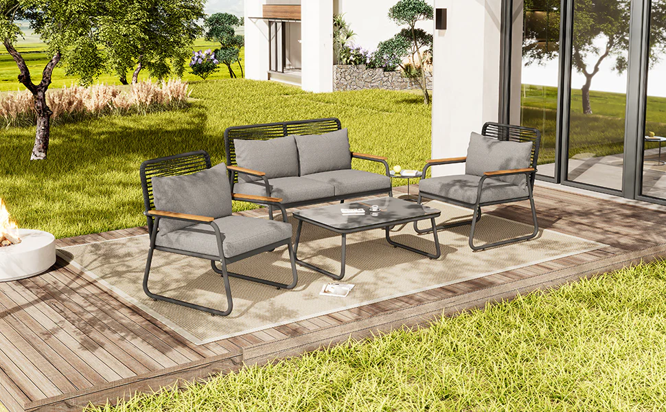 Garden Lounge Set 4-Seater Galvanized Iron Frame Tempered Glass - Grey - Image 8