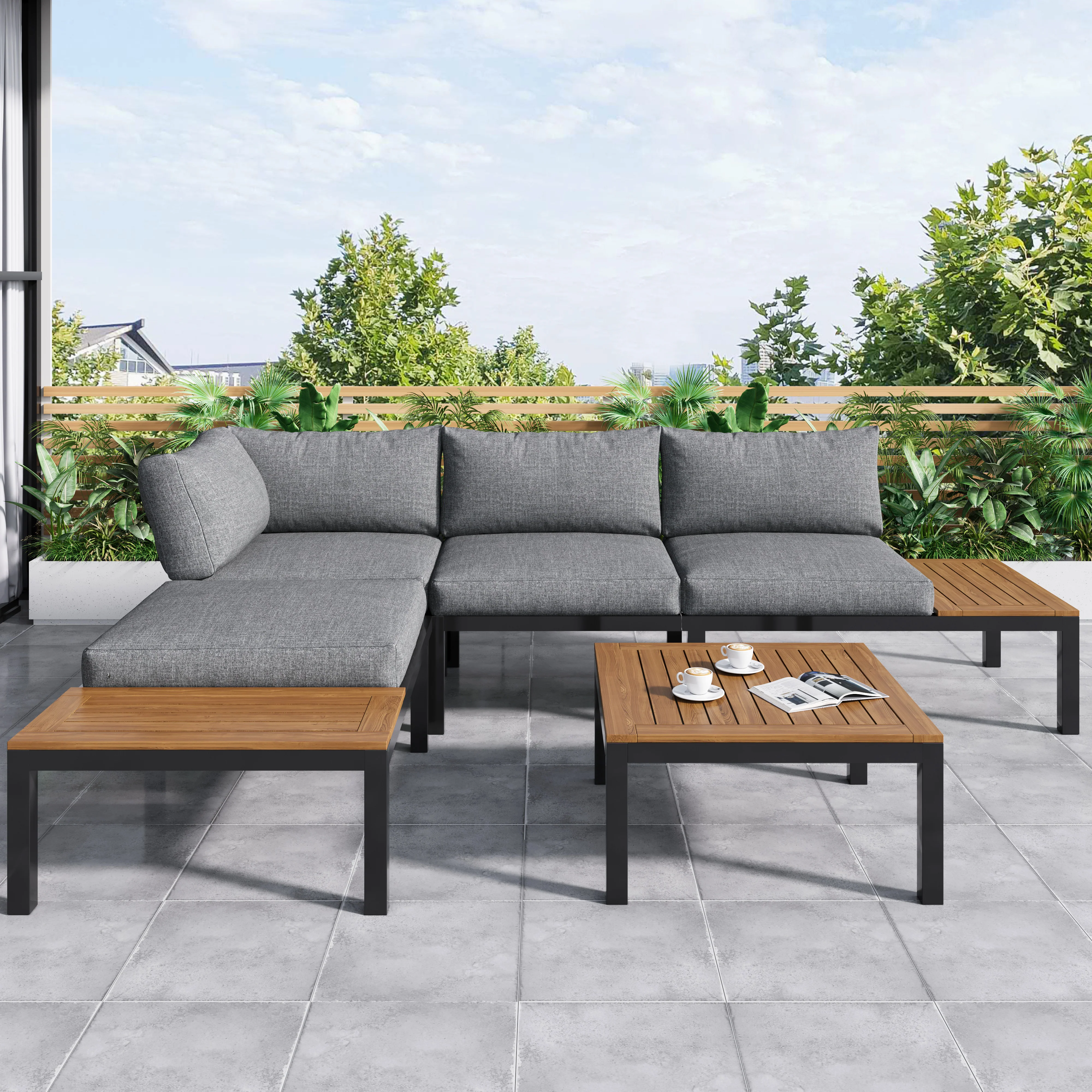 Garden Lounge Set 5-Piece Acacia Wood Table Fabric Backrest - Grey
