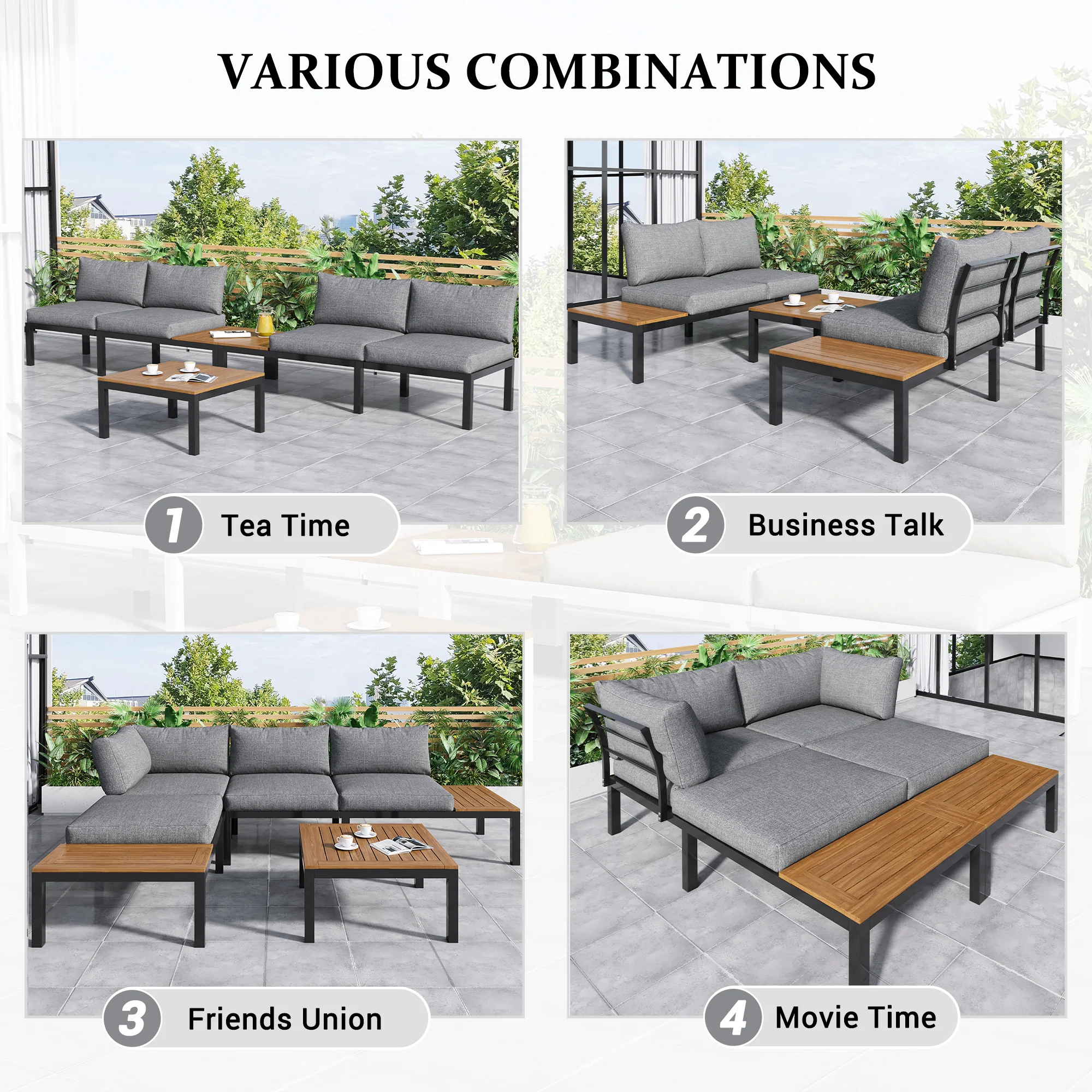 Garden Lounge Set 5-Piece Acacia Wood Table Fabric Backrest - Grey - Image 10