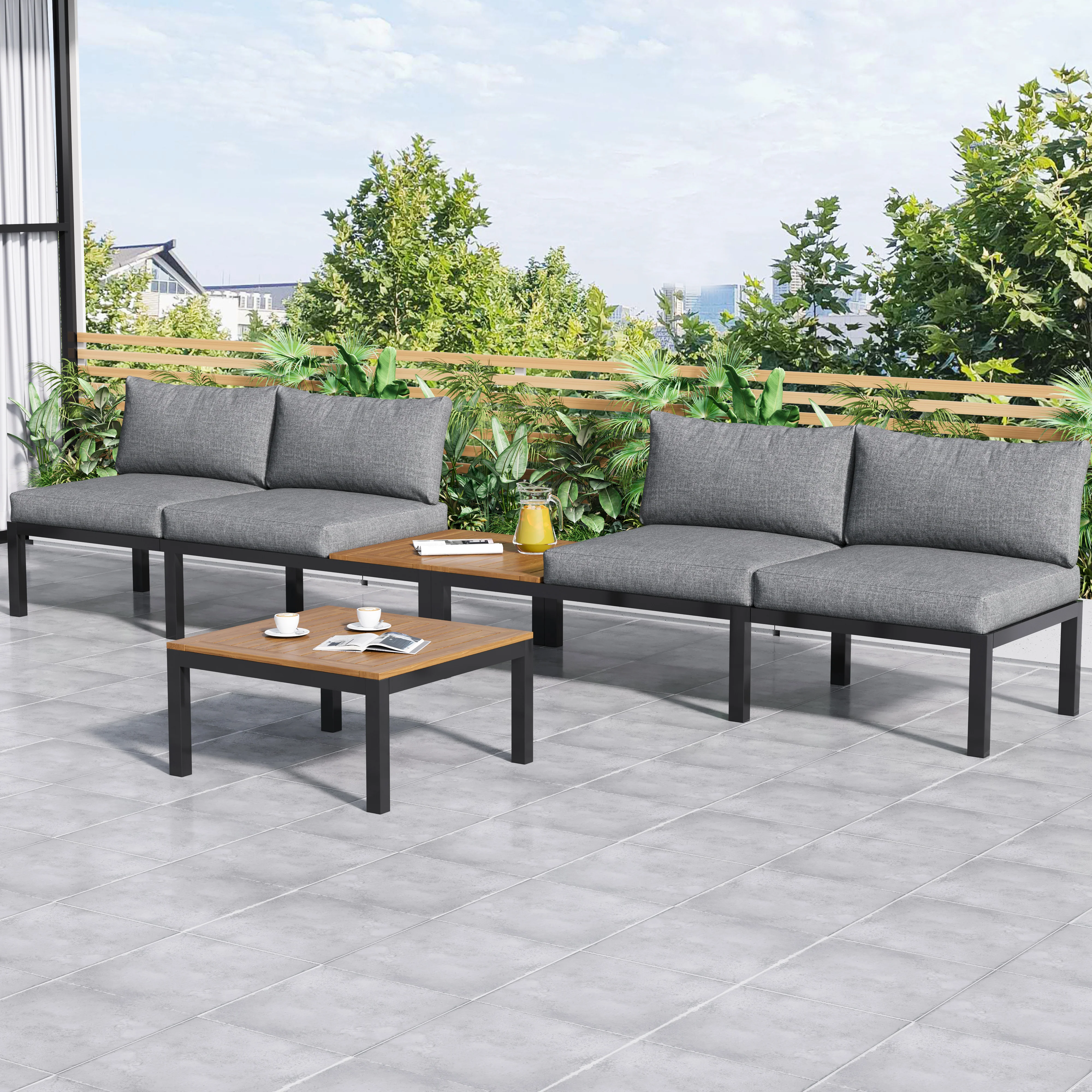 Garden Lounge Set 5-Piece Acacia Wood Table Fabric Backrest - Grey - Image 2