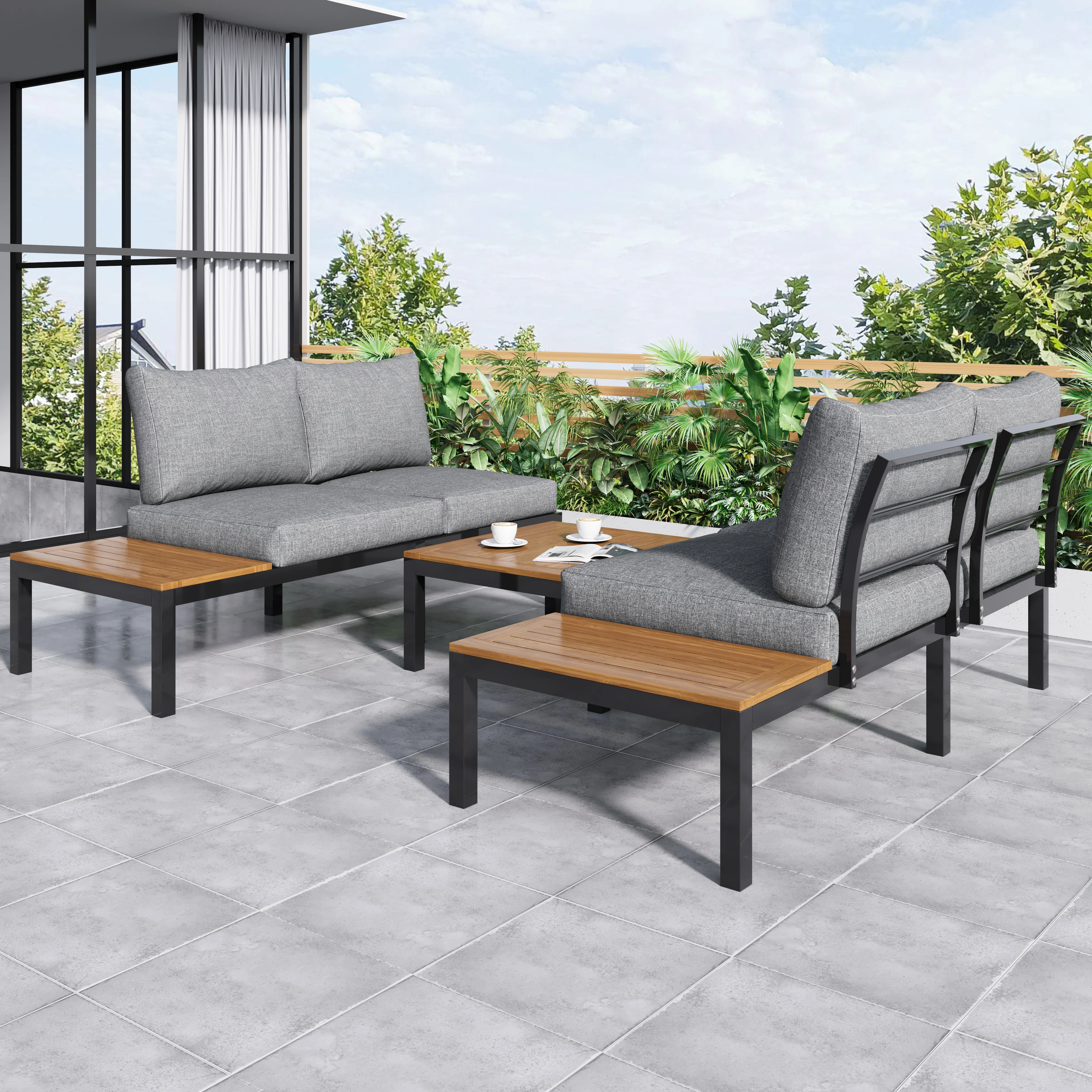 Garden Lounge Set 5-Piece Acacia Wood Table Fabric Backrest - Grey - Image 3
