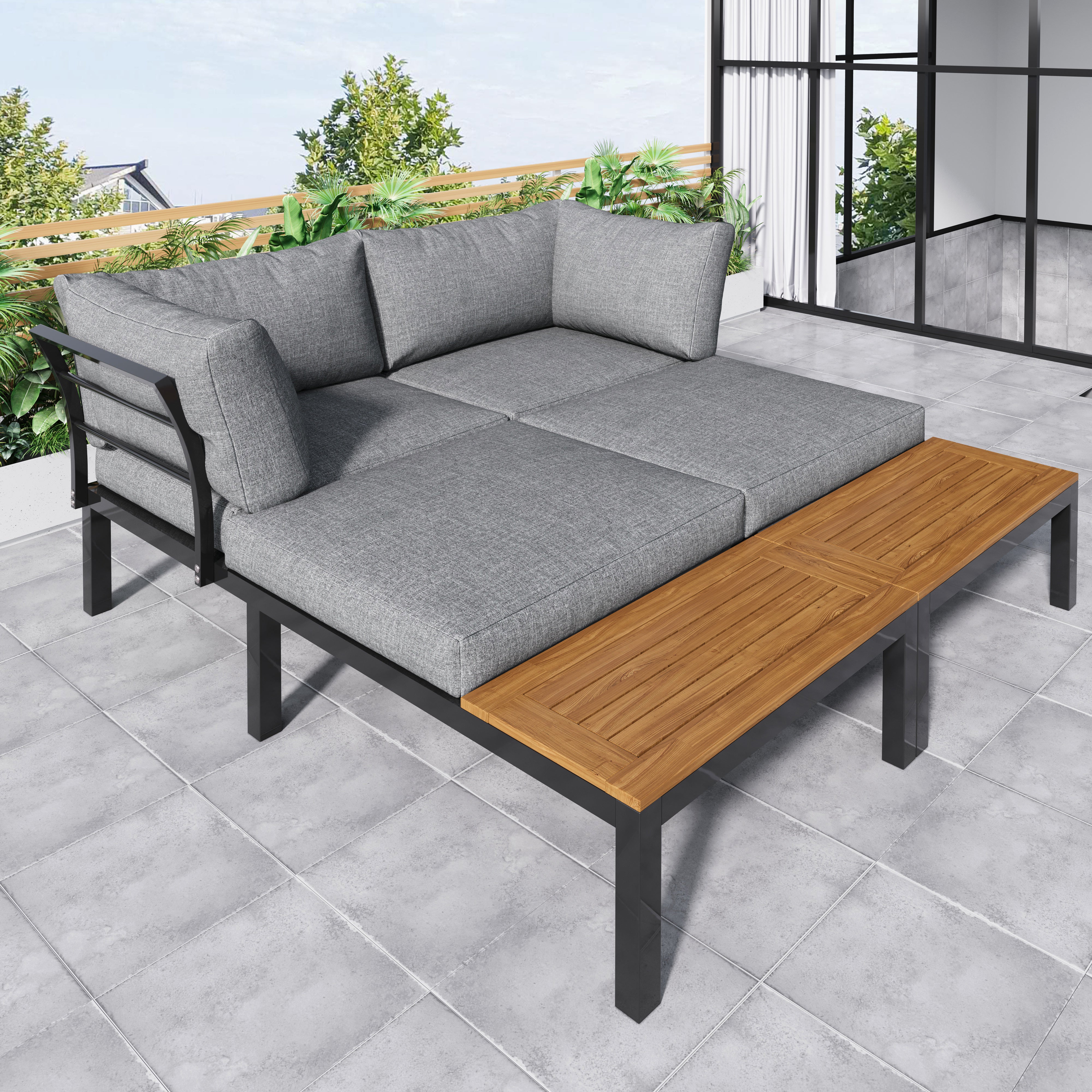Garden Lounge Set 5-Piece Acacia Wood Table Fabric Backrest - Grey - Image 4