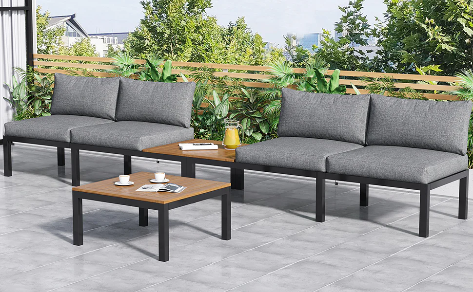 Garden Lounge Set 5-Piece Acacia Wood Table Fabric Backrest - Grey - Image 5