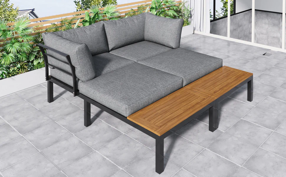 Garden Lounge Set 5-Piece Acacia Wood Table Fabric Backrest - Grey - Image 6