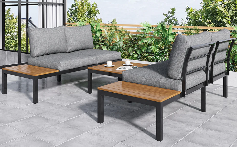 Garden Lounge Set 5-Piece Acacia Wood Table Fabric Backrest - Grey - Image 7