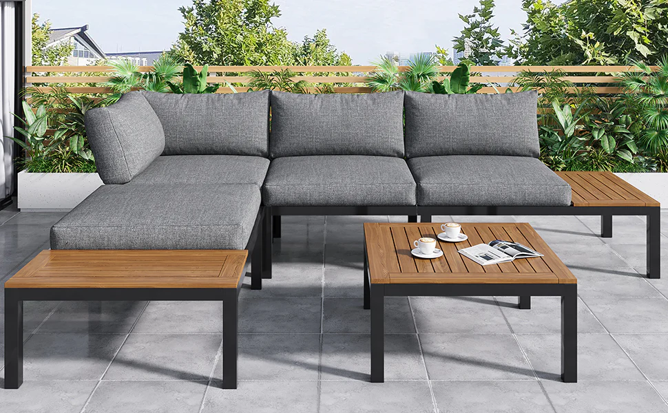 Garden Lounge Set 5-Piece Acacia Wood Table Fabric Backrest - Grey - Image 8