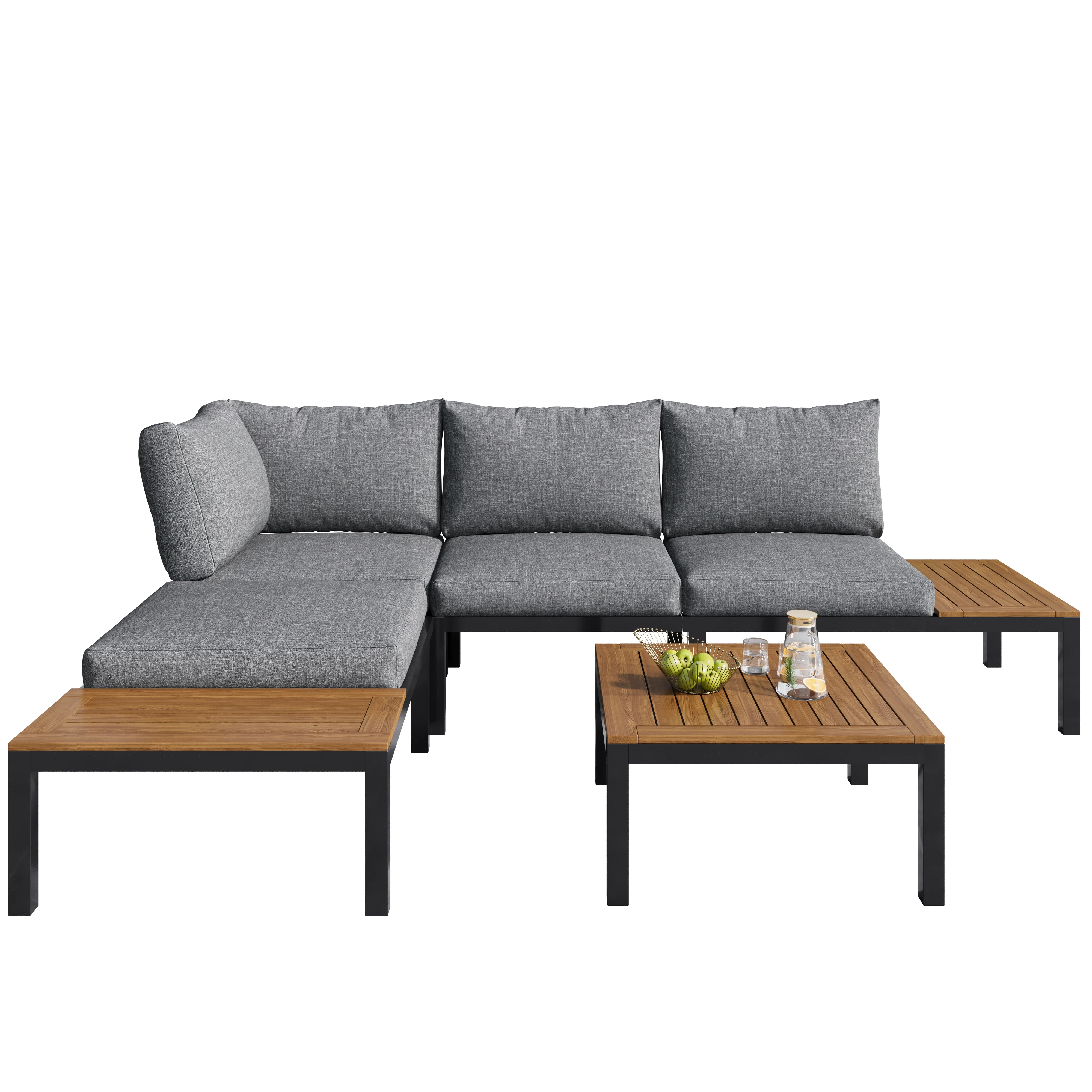 Garden Lounge Set 5-Piece Acacia Wood Table Fabric Backrest - Grey - Image 9