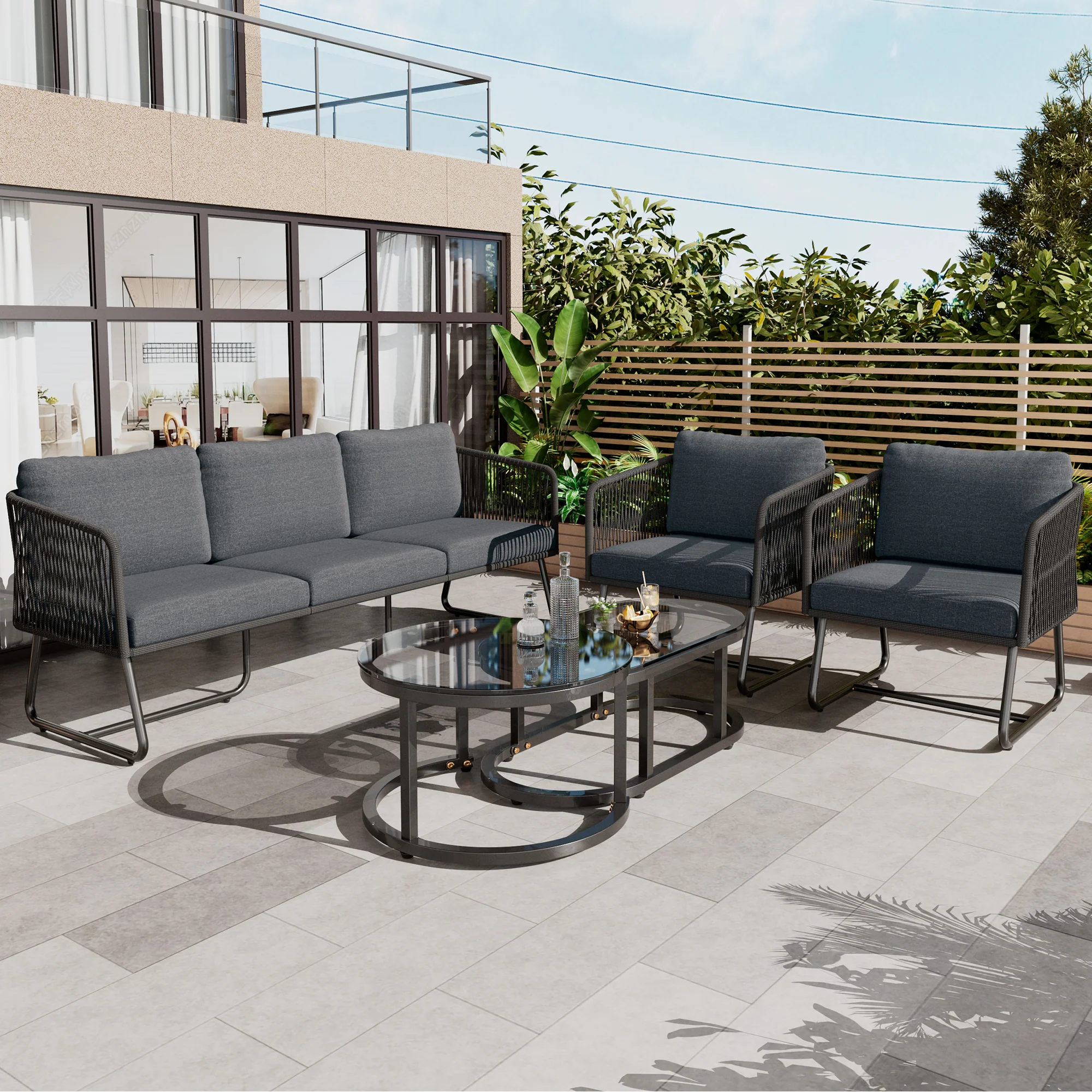 Garden Lounge Set 5-Piece Rope Furniture Glass Top Galvanized Frame, Grey Rope & Iron - Image 2
