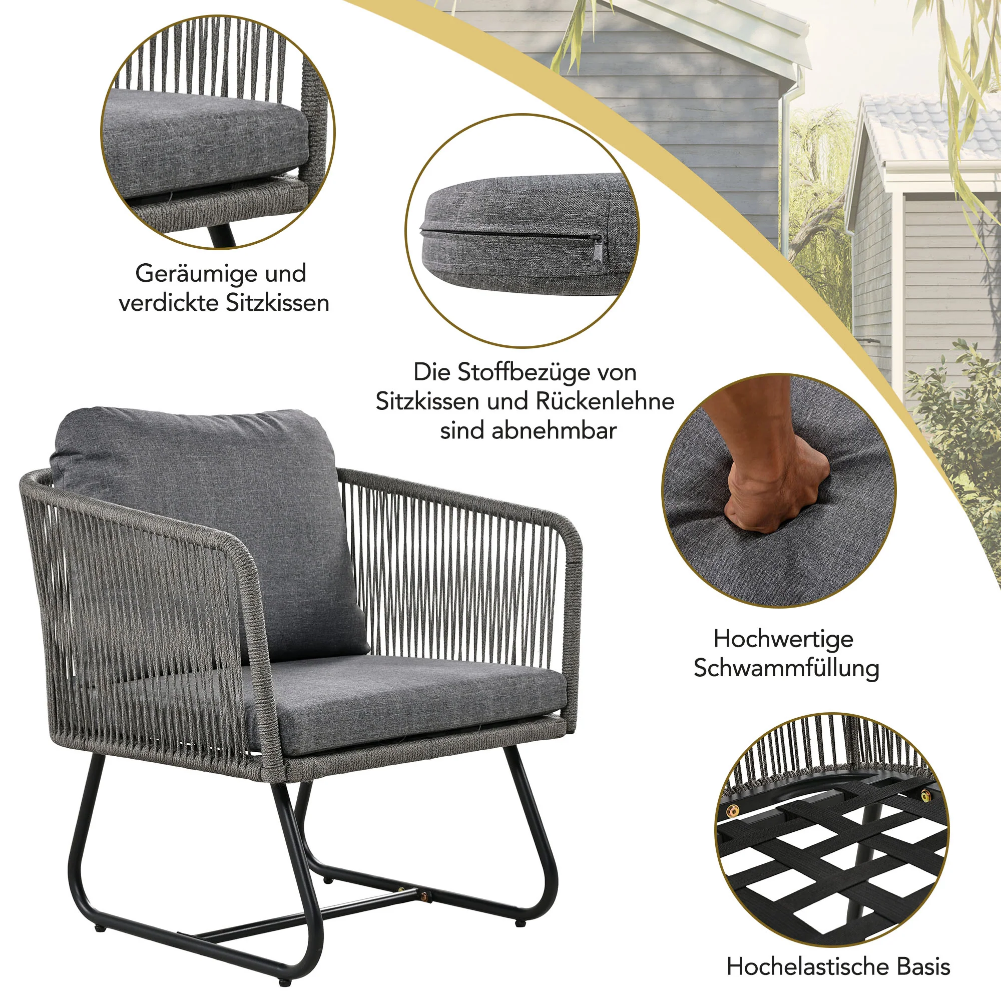 Garden Lounge Set 5-Piece Rope Furniture Glass Top Galvanized Frame, Grey Rope & Iron - Image 6