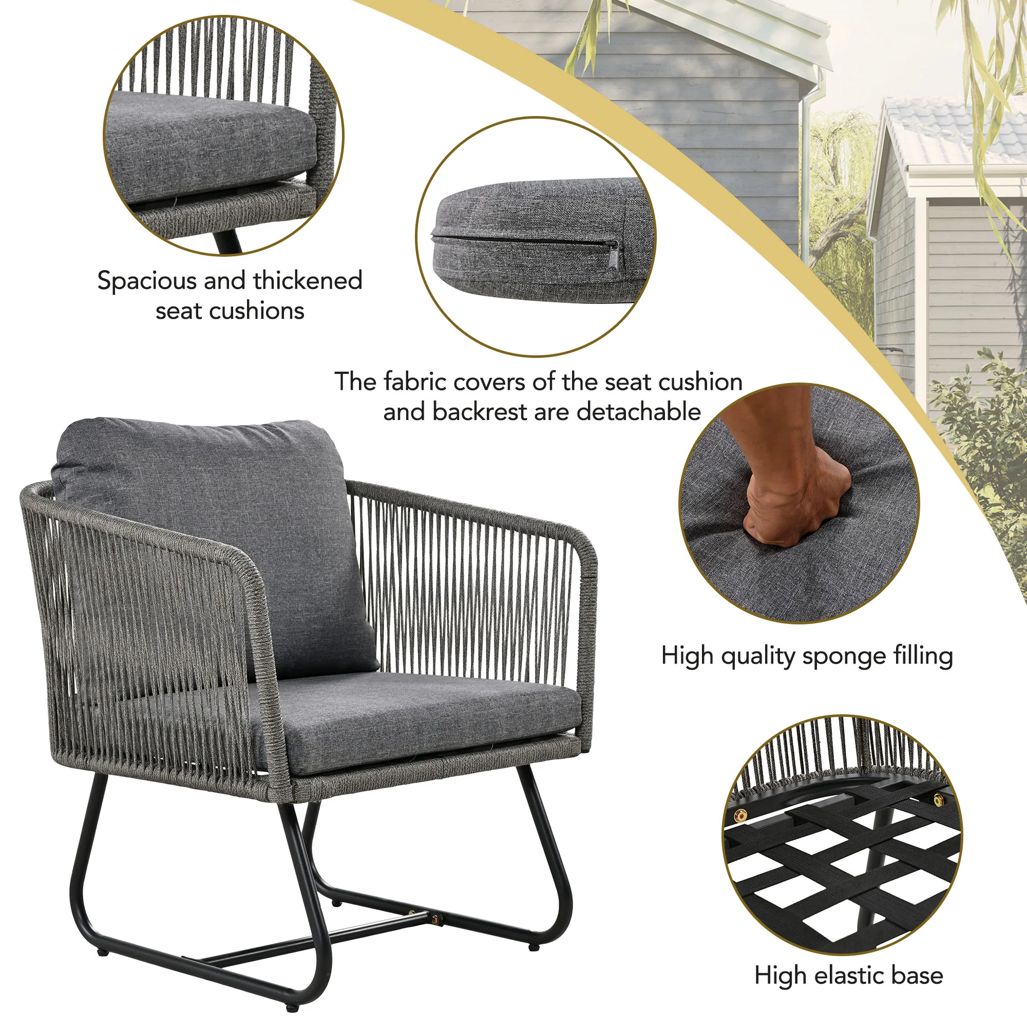 Garden Lounge Set 5-Piece Rope Furniture Glass Top Galvanized Frame, Grey Rope & Iron - Image 9