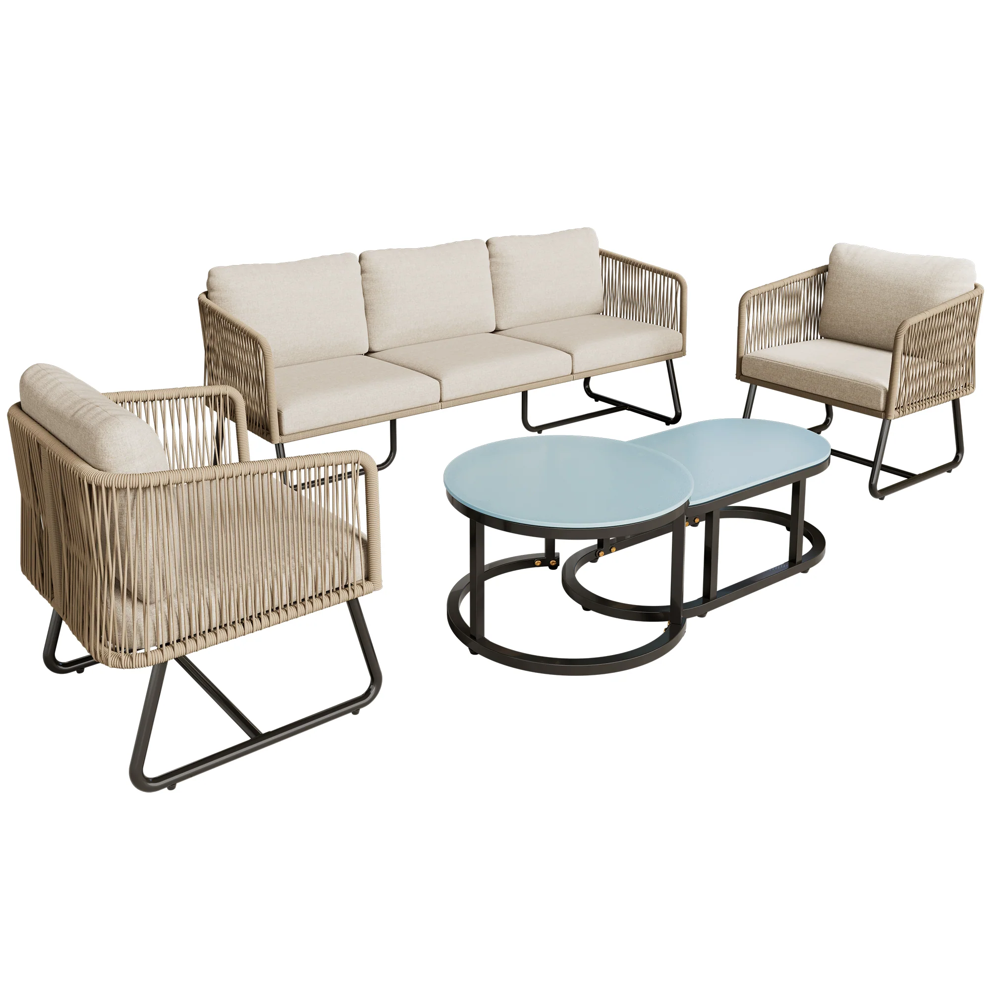 Garden Lounge Set 5-Piece Rope Galvanized Iron Frame Glass Tabletop - Beige - Image 10