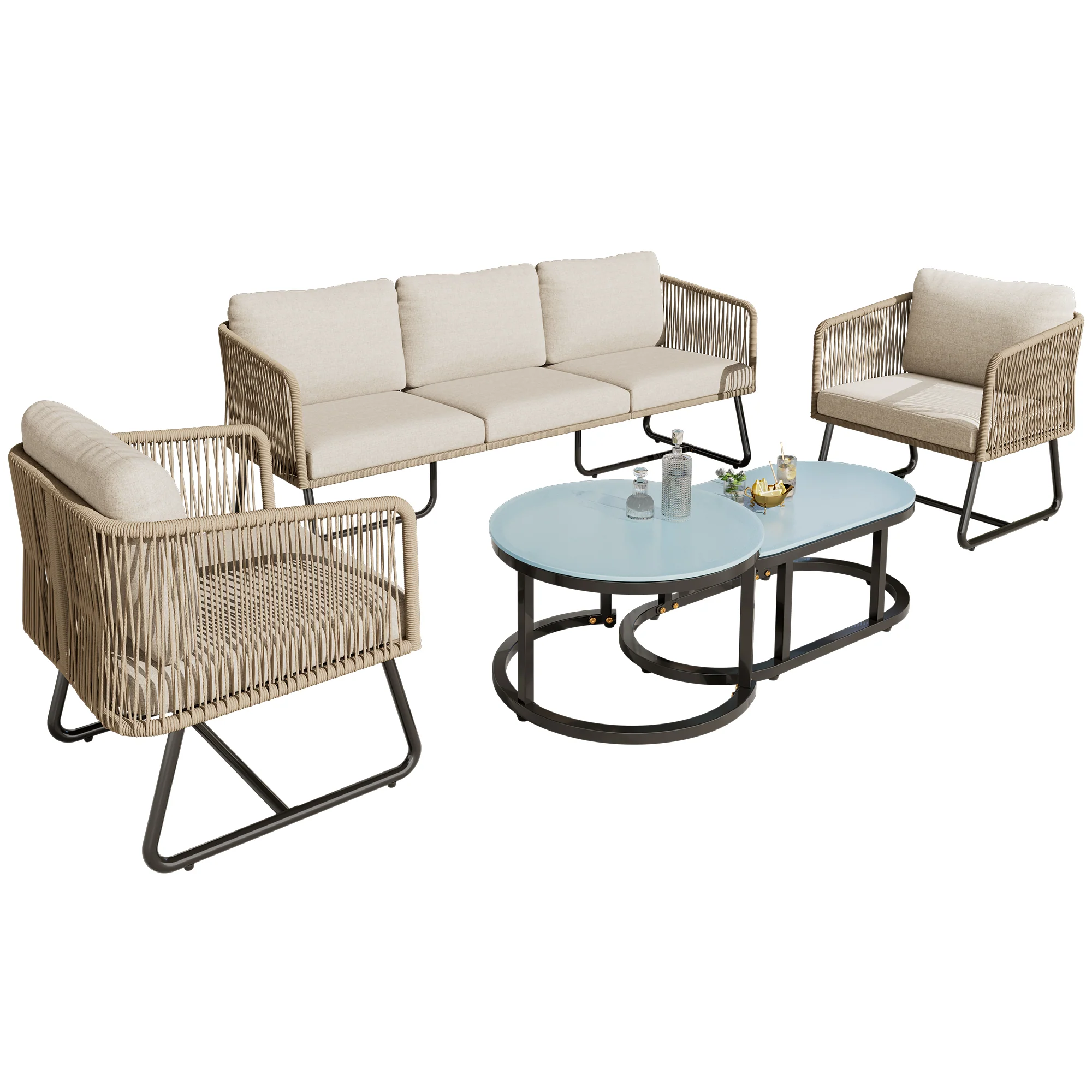 Garden Lounge Set 5-Piece Rope Galvanized Iron Frame Glass Tabletop - Beige - Image 2