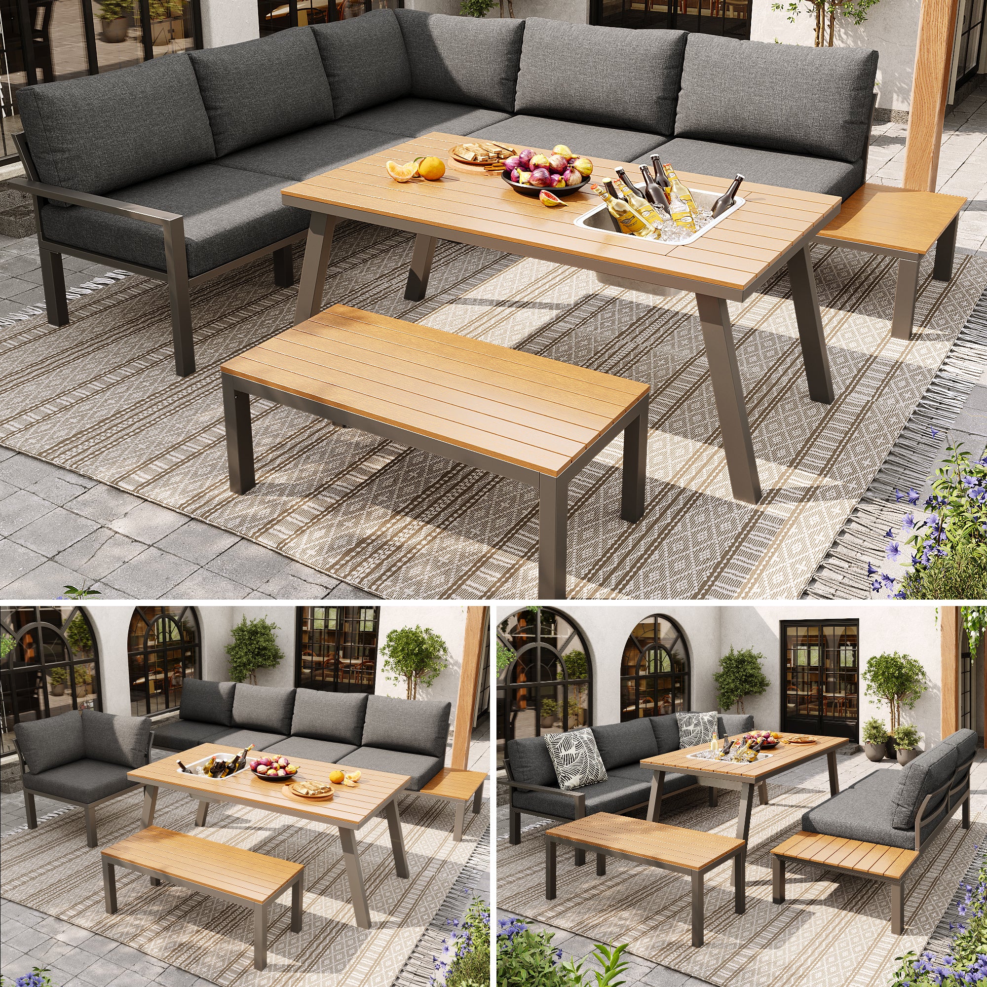 Garden Lounge Set 6-7 Seater Dining Table Ice Bucket - Galvanized Iron Frame - Image 3