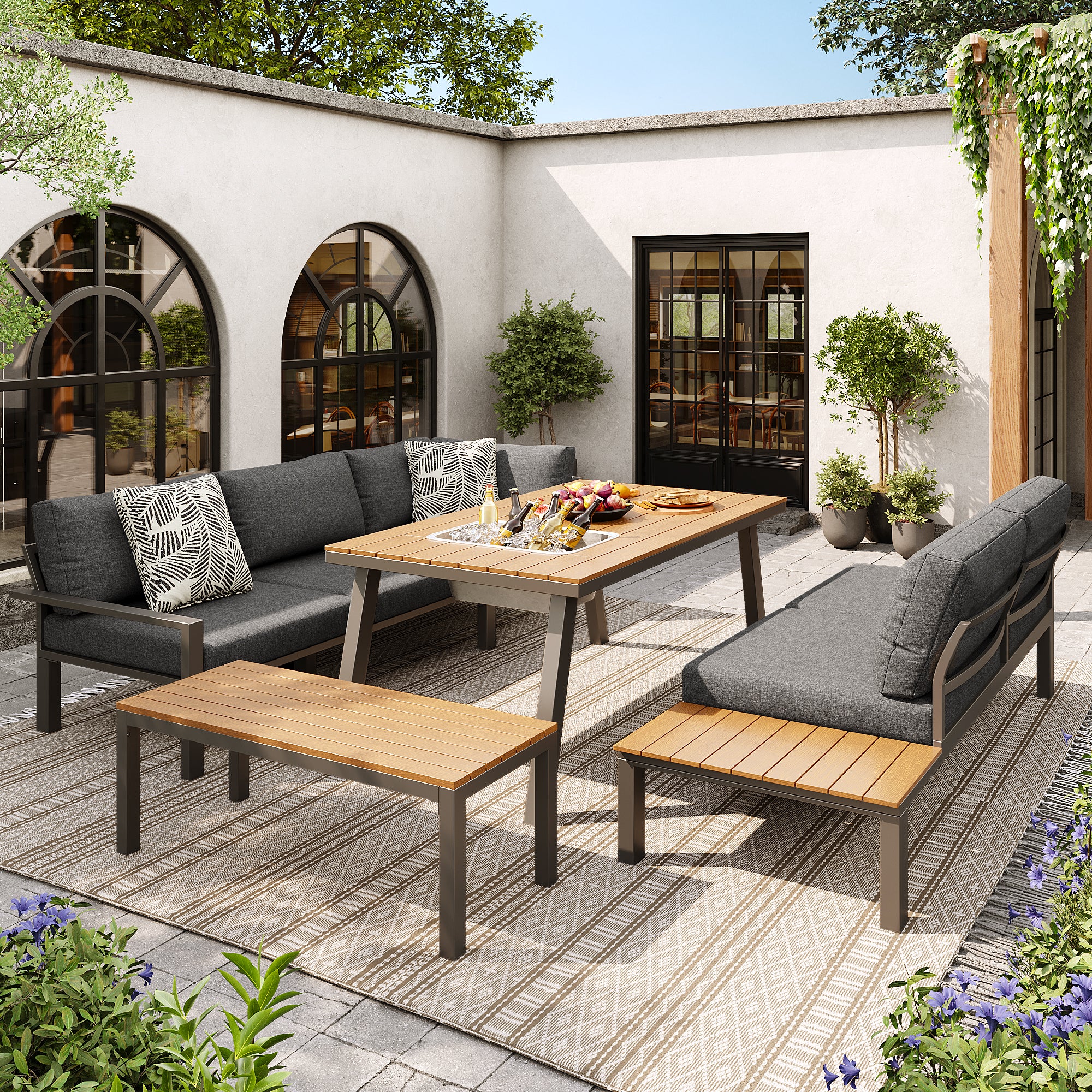 Garden Lounge Set 6-7 Seater Dining Table Ice Bucket - Galvanized Iron Frame - Image 4