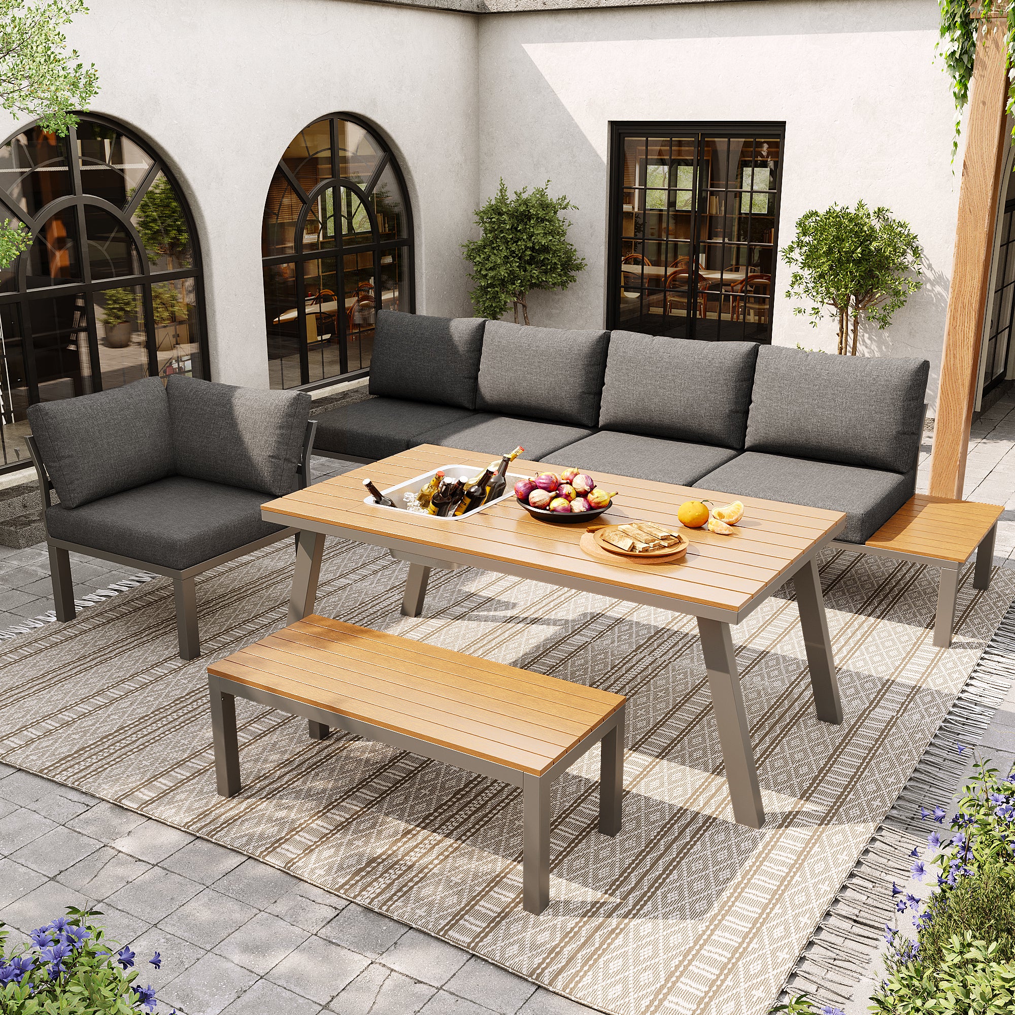 Garden Lounge Set 6-7 Seater Dining Table Ice Bucket - Galvanized Iron Frame - Image 5