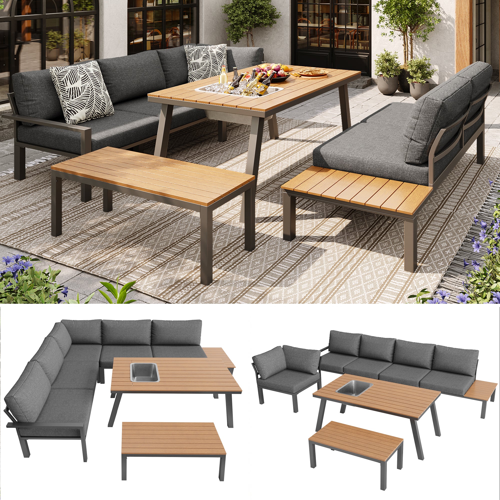 Garden Lounge Set 6-7 Seater Dining Table Ice Bucket - Galvanized Iron Frame - Image 6