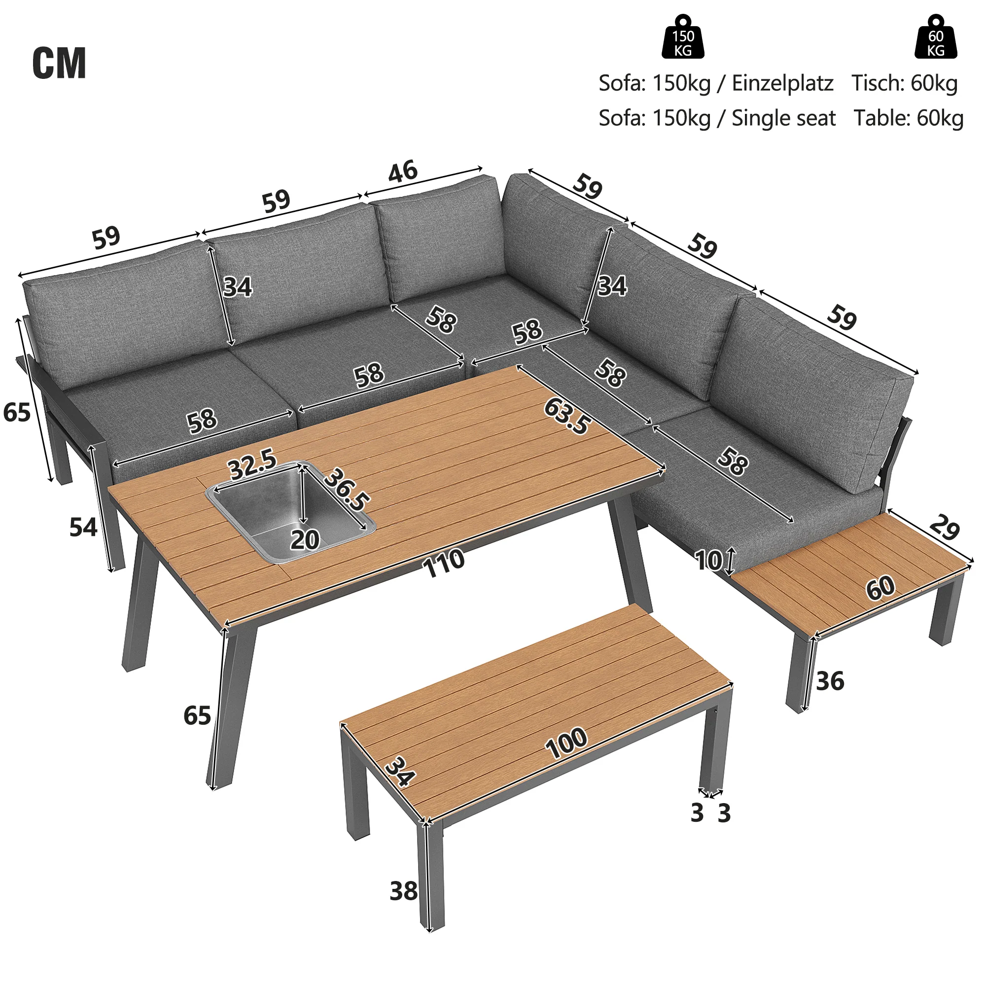 Garden Lounge Set 6-7 Seater Dining Table Ice Bucket - Galvanized Iron Frame - Image 7