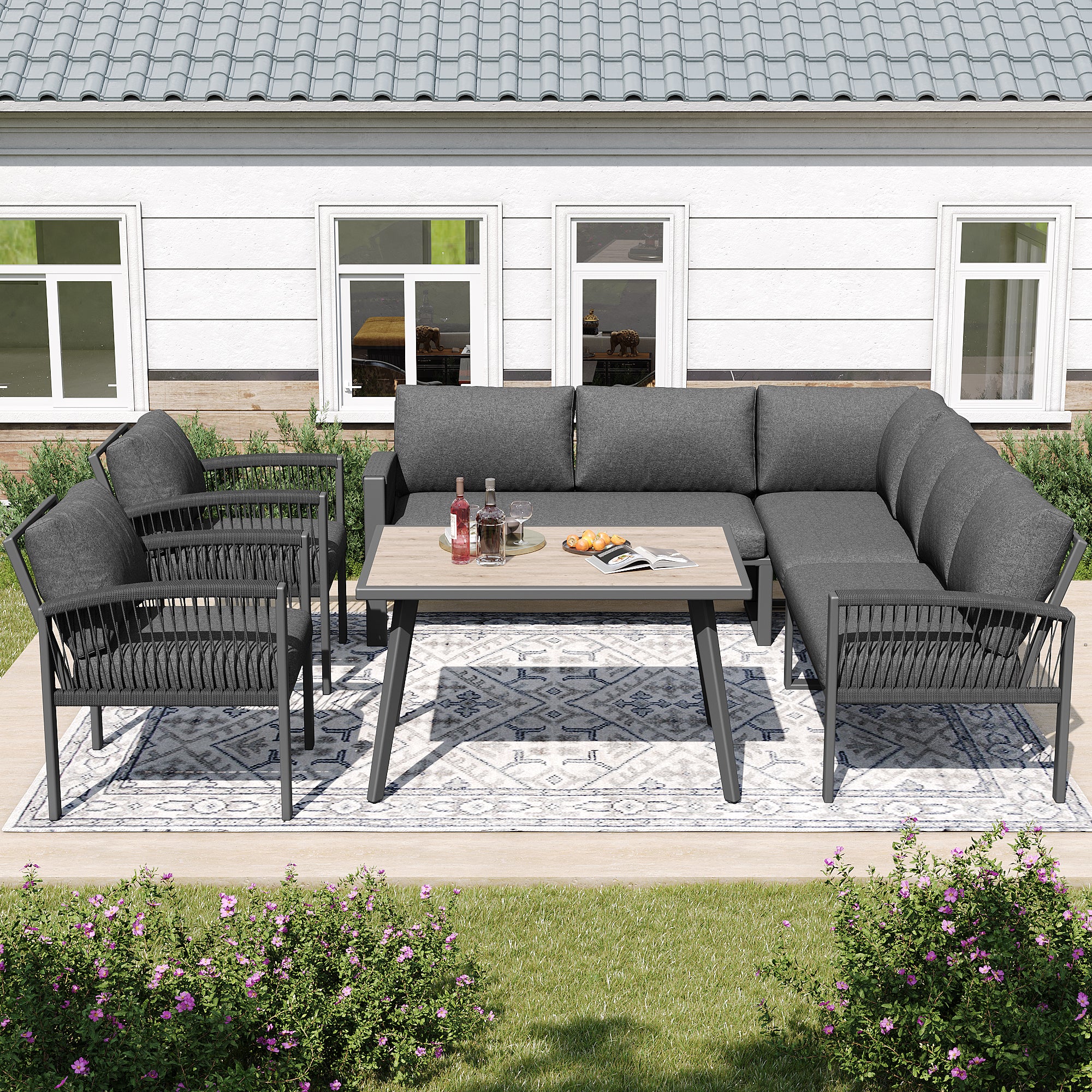 Garden Lounge Set 8-Person Rope Design Large Table Wood Grain - Grey - Image 4