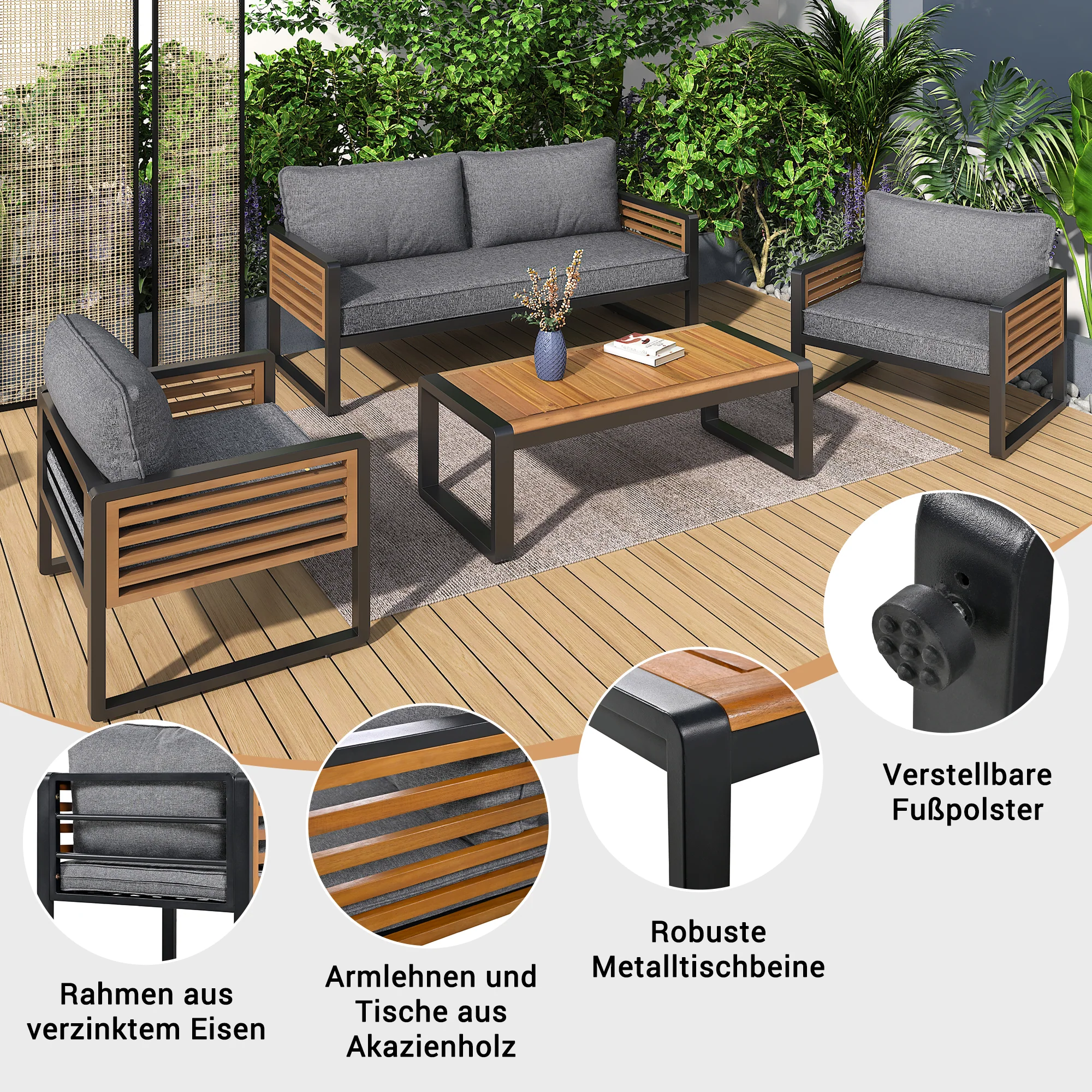 Garden Lounge Set 8-Piece Dining Set Galvanized Frame Wooden Armrests - Grey - Image 10