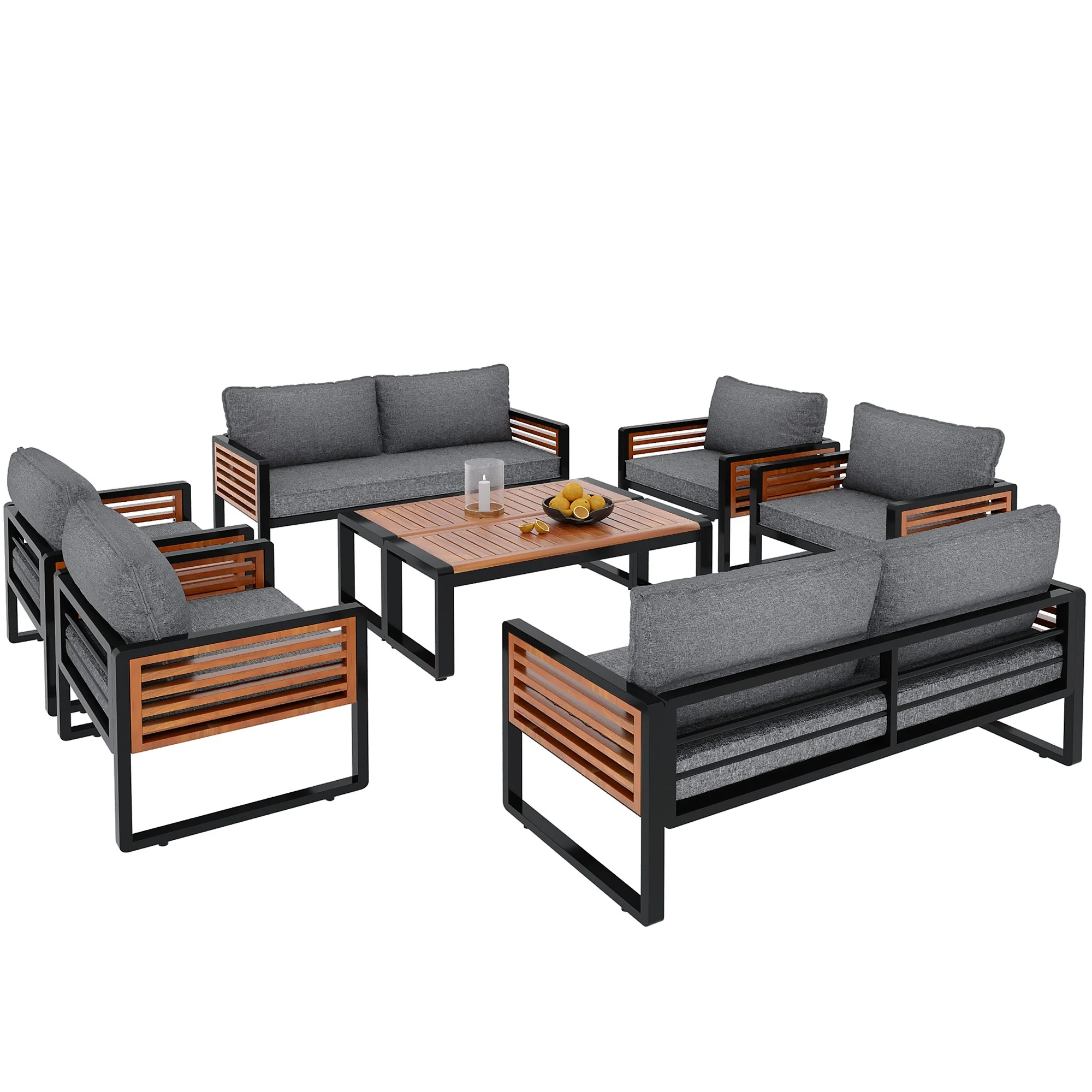 Garden Lounge Set 8-Piece Dining Set Galvanized Frame Wooden Armrests - Grey - Image 4