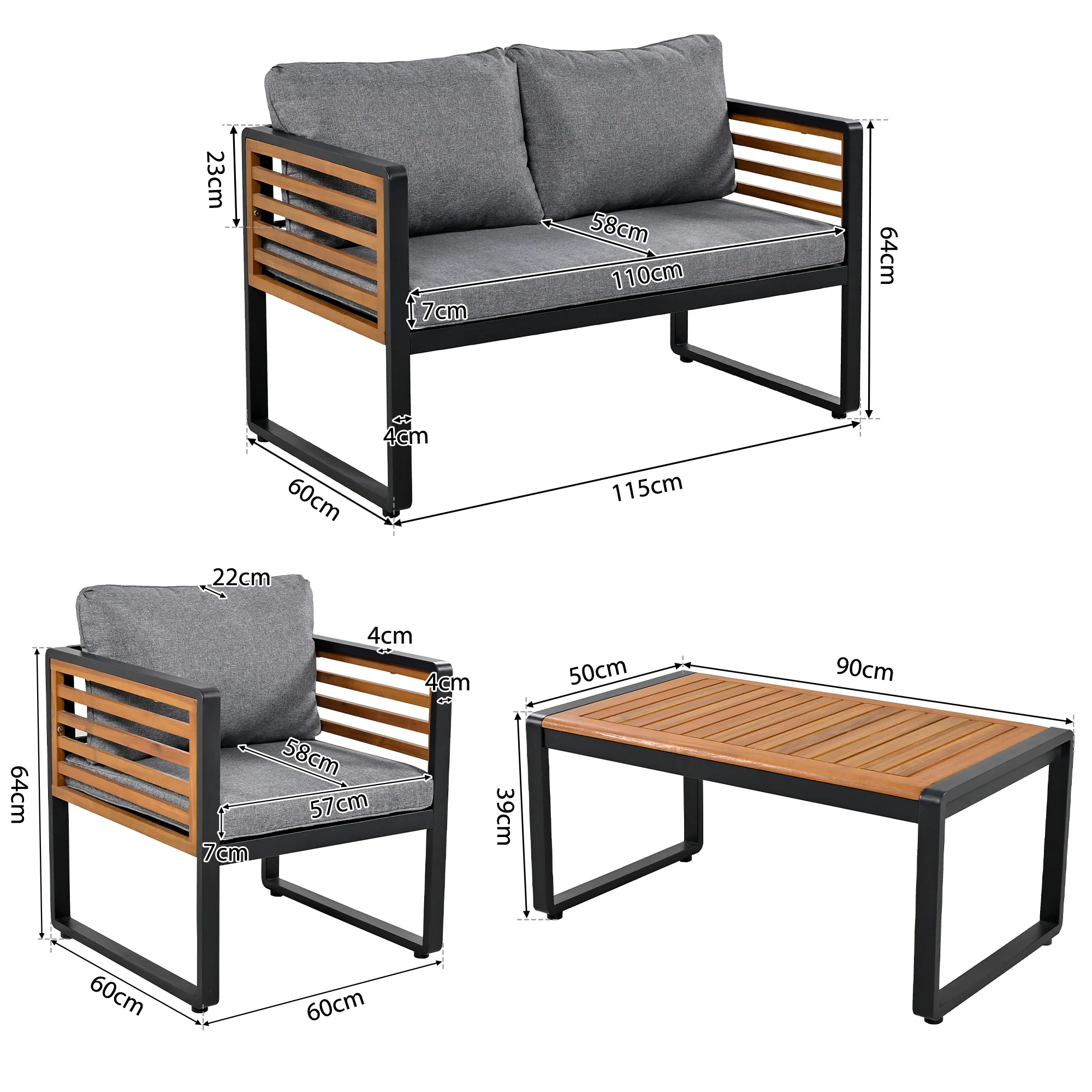 Garden Lounge Set 8-Piece Dining Set Galvanized Frame Wooden Armrests - Grey - Image 5