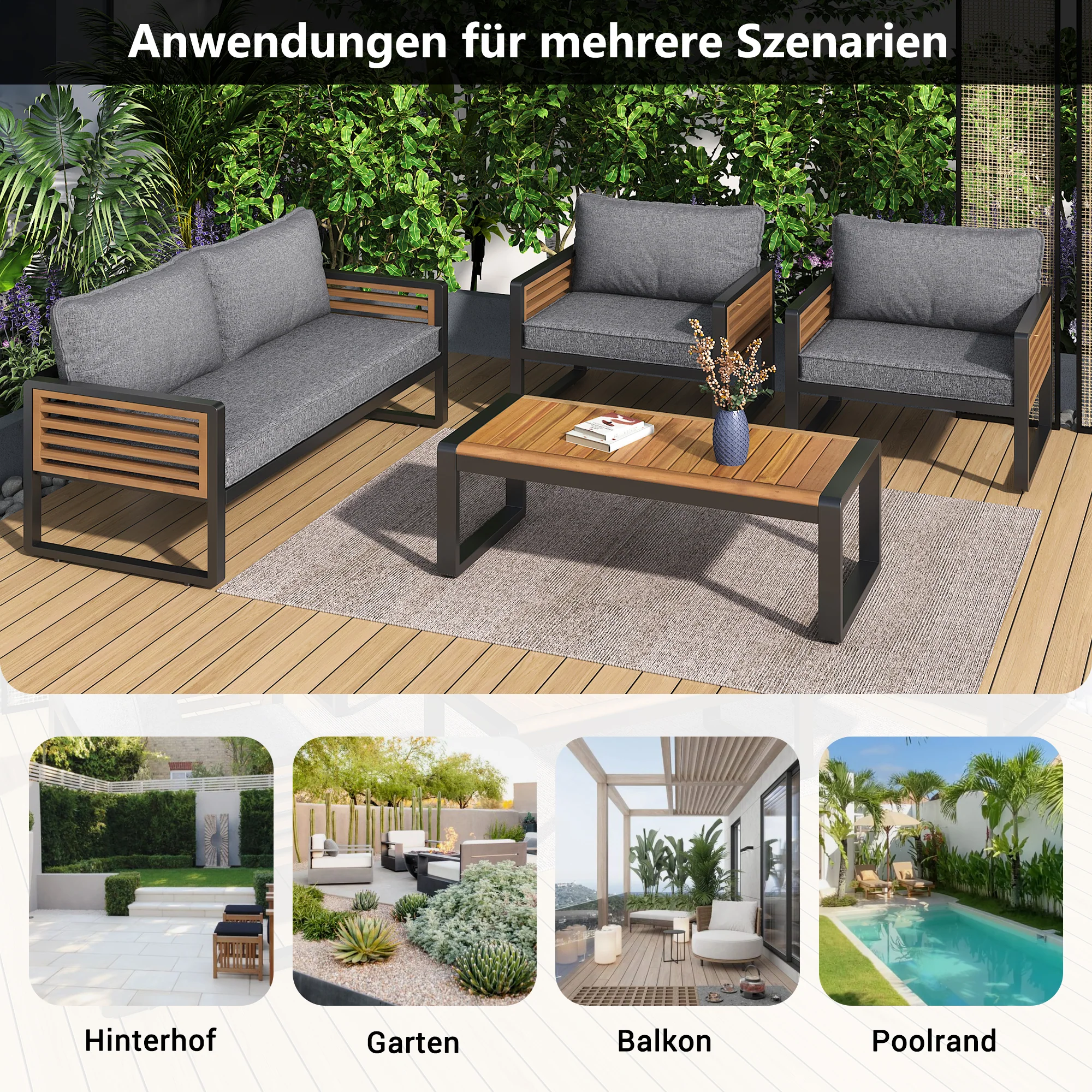 Garden Lounge Set 8-Piece Dining Set Galvanized Frame Wooden Armrests - Grey - Image 8