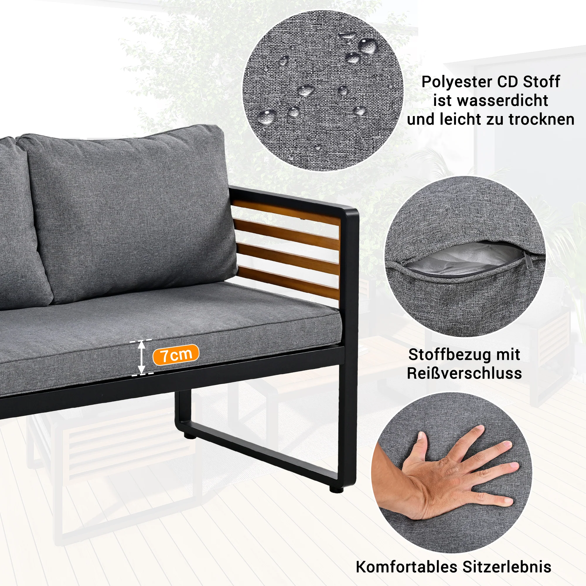 Garden Lounge Set 8-Piece Dining Set Galvanized Frame Wooden Armrests - Grey - Image 9