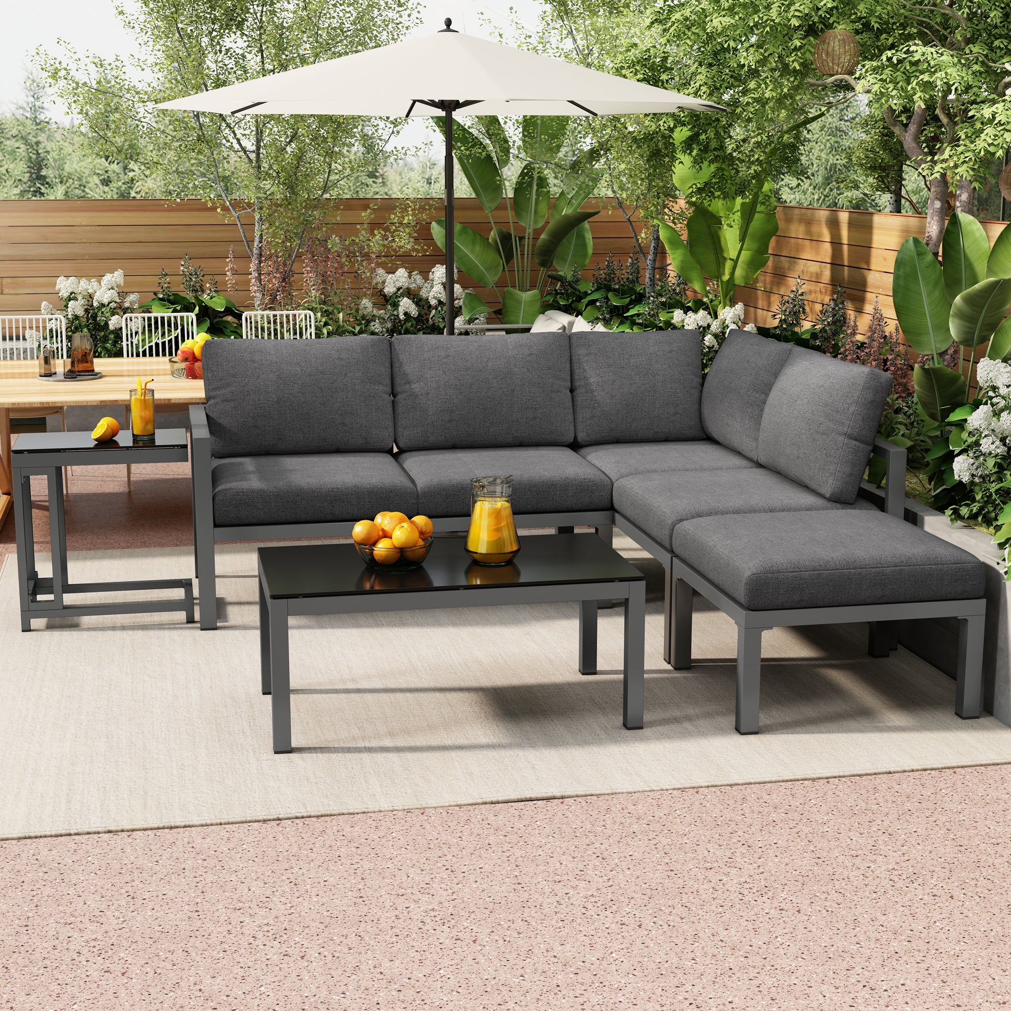 Garden Lounge Set Corner Chairs 4-5 Seater Side & Coffee Table 5-Piece - Grey - Image 2