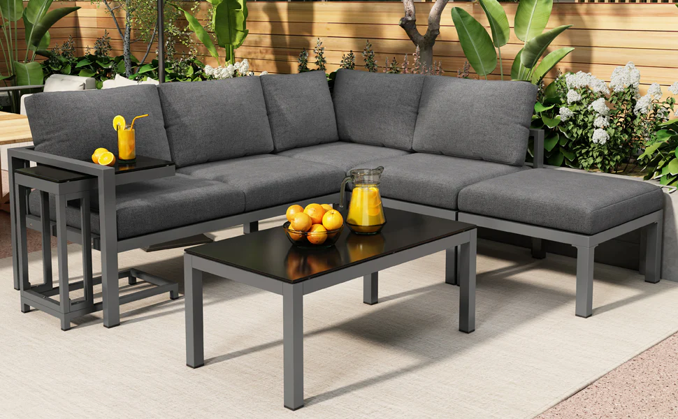 Garden Lounge Set Corner Chairs 4-5 Seater Side & Coffee Table 5-Piece - Grey - Image 3