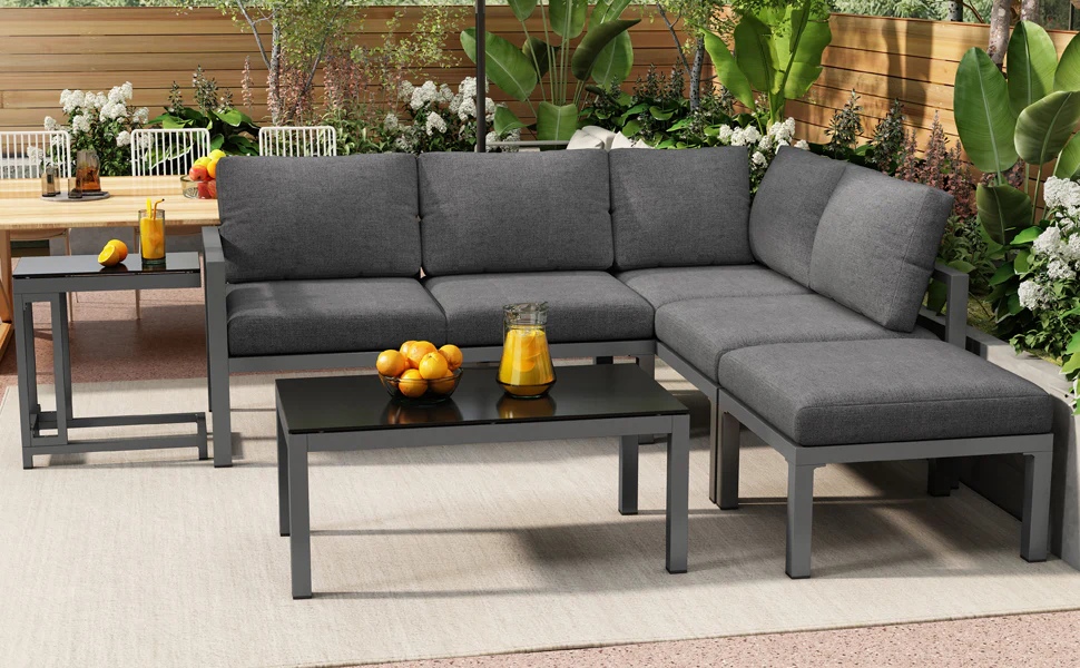 Garden Lounge Set Corner Chairs 4-5 Seater Side & Coffee Table 5-Piece - Grey - Image 4