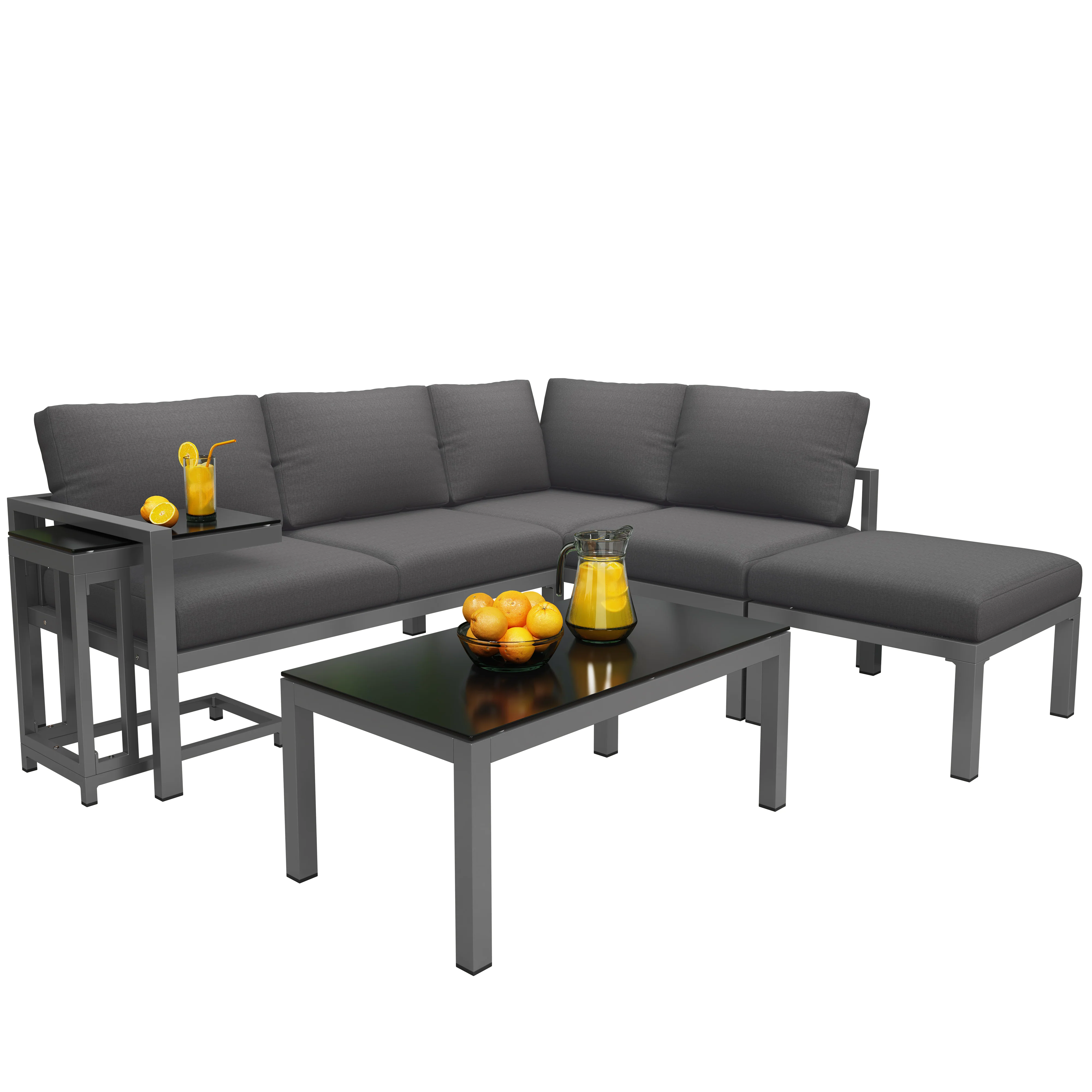 Garden Lounge Set Corner Chairs 4-5 Seater Side & Coffee Table 5-Piece - Grey - Image 5