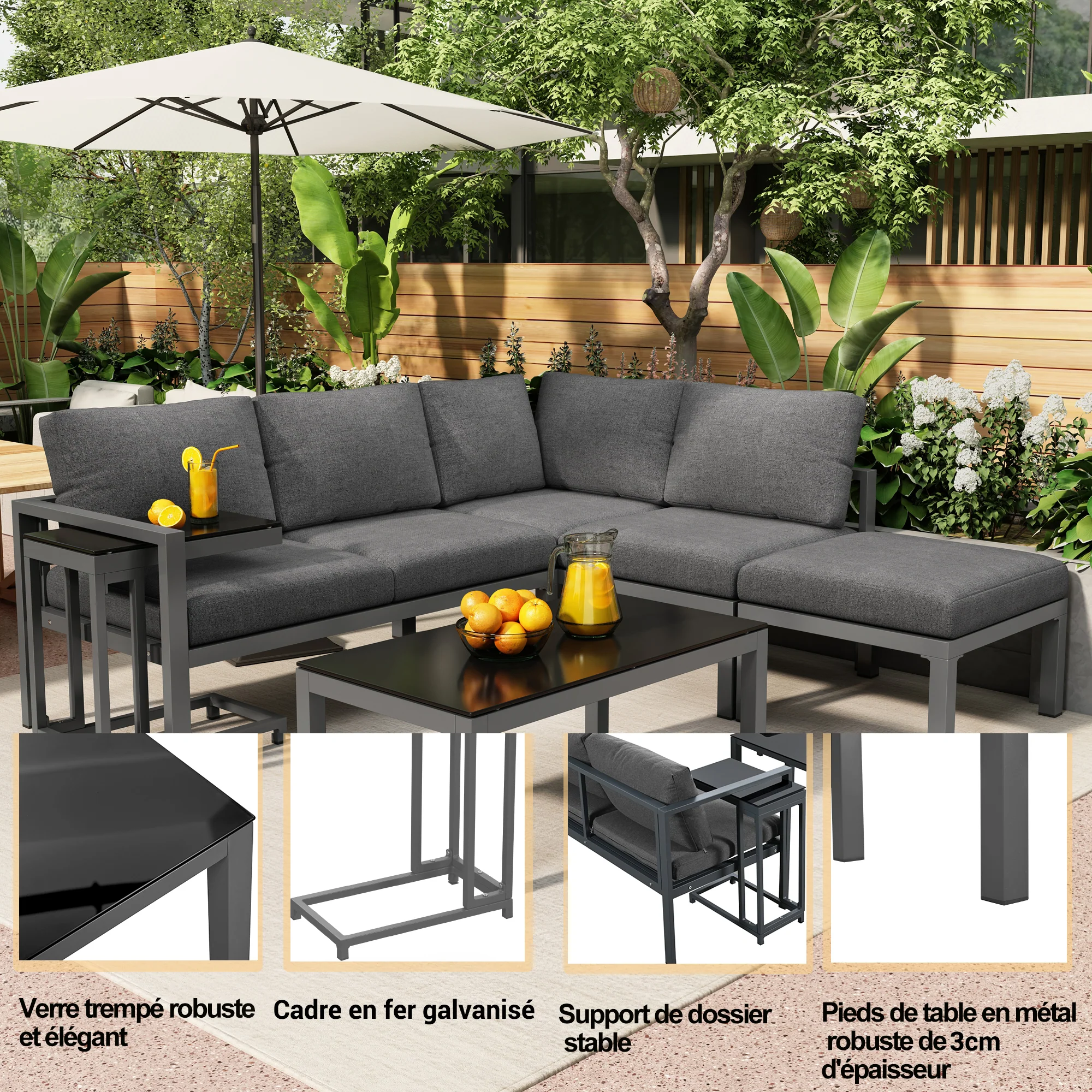 Garden Lounge Set Corner Chairs 4-5 Seater Side & Coffee Table 5-Piece - Grey - Image 6