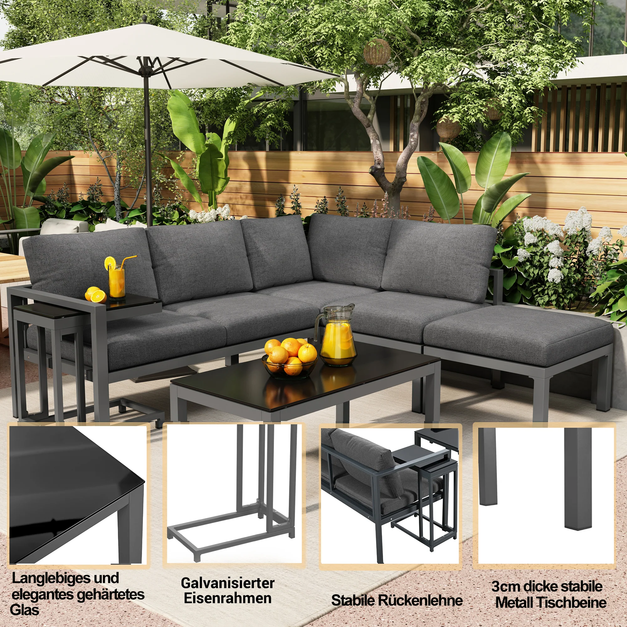 Garden Lounge Set Corner Chairs 4-5 Seater Side & Coffee Table 5-Piece - Grey - Image 7